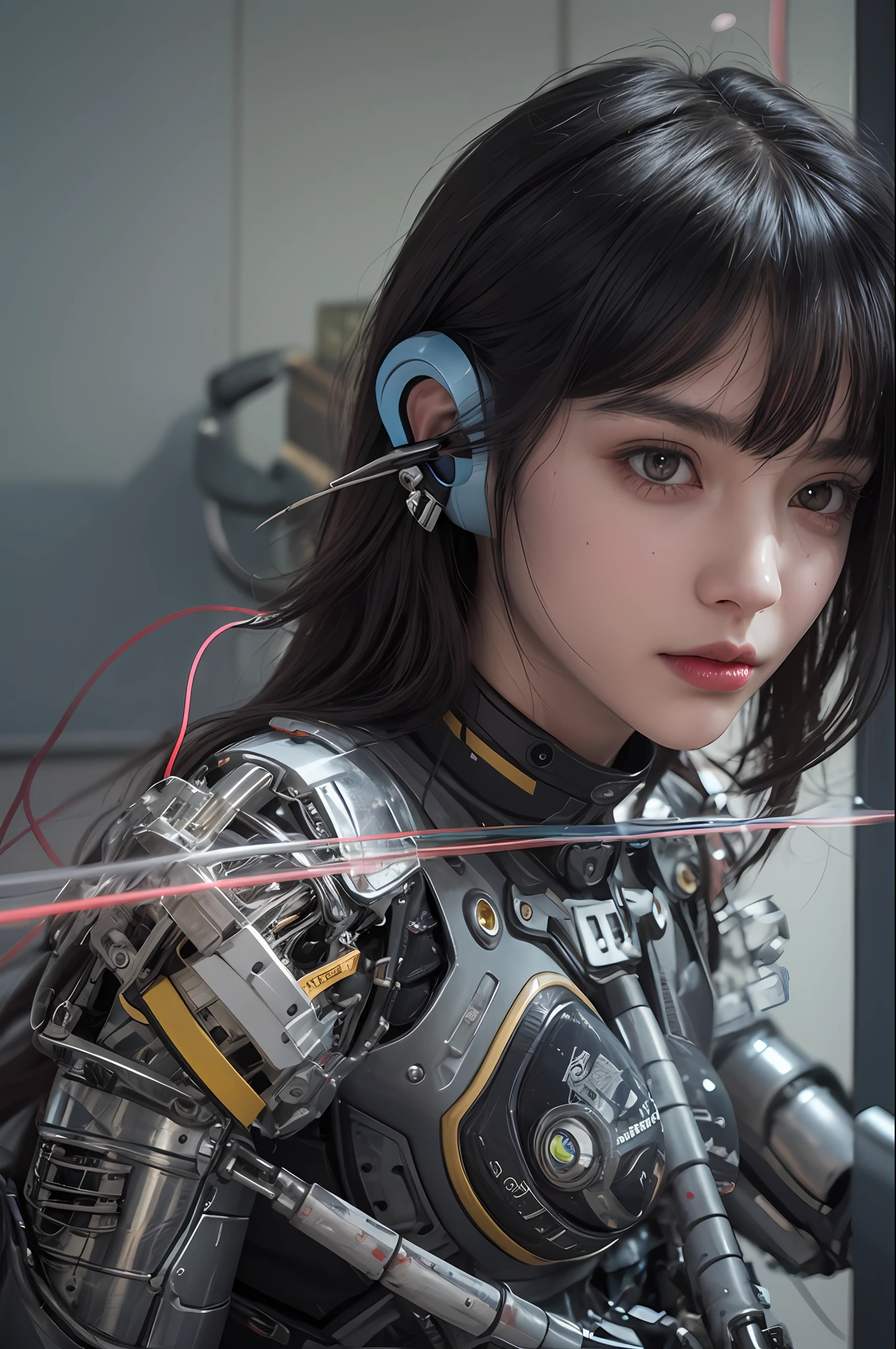 Top Quality, Masterpiece, Ultra High Resolution, (Photorealistic: 1.4), Raw Photo, 1 Girl, Black Hair, Glossy Skin, 1 Mechanical Girl, (Ultra Realistic Details)), Sidmead-inspired Mecha Design, Portrait, Global Illumination, Shadows, Octane Rendering, 8K, Ultra Sharp, Big, Cleavage Exposed Raw Skin, Metal, Intricate ornament details, headset, hydraulic cylinder, very intricate details, realistic light, CGSoation trend, purple eyes, glowing eyes, facing the camera, neon details, mechanical limbs, blood vessels connected to tubes, mechanical vertebrae attached to the back, mechanical cervical attachment to the neck, sitting, wires and cables connecting to the head, Evangelion, cyberpunk, small LED lamps,