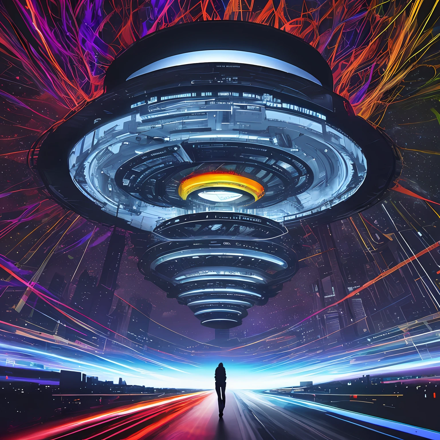a rubicon digital orbital ufo cityscape megastructure is seen in the cloud filled sky above a glitchwave synesthesia cosmic road in the style of abstract gamercore tech