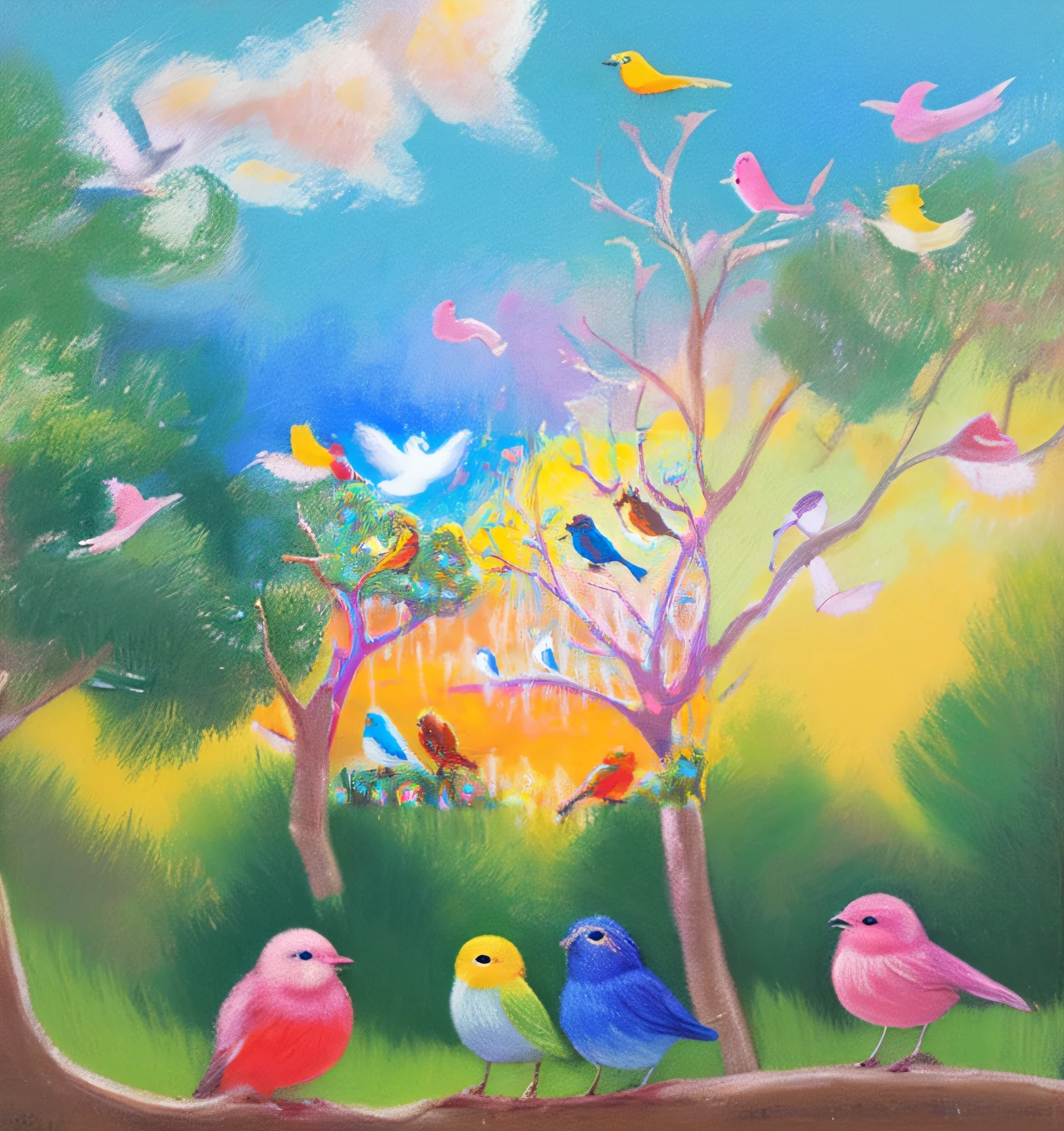 painting of a group of birds sitting on a tree branch, mystical birds, colorful birds, birds in the sunlight, birds and trees, pastel art, pastel artwork, colorful scene, brightly coloured oil on canvas, pastel style painting, large pastel, birds, pastel painting, inspired by William Glackens, colorful oil painting, inspired by Louis Glackens
