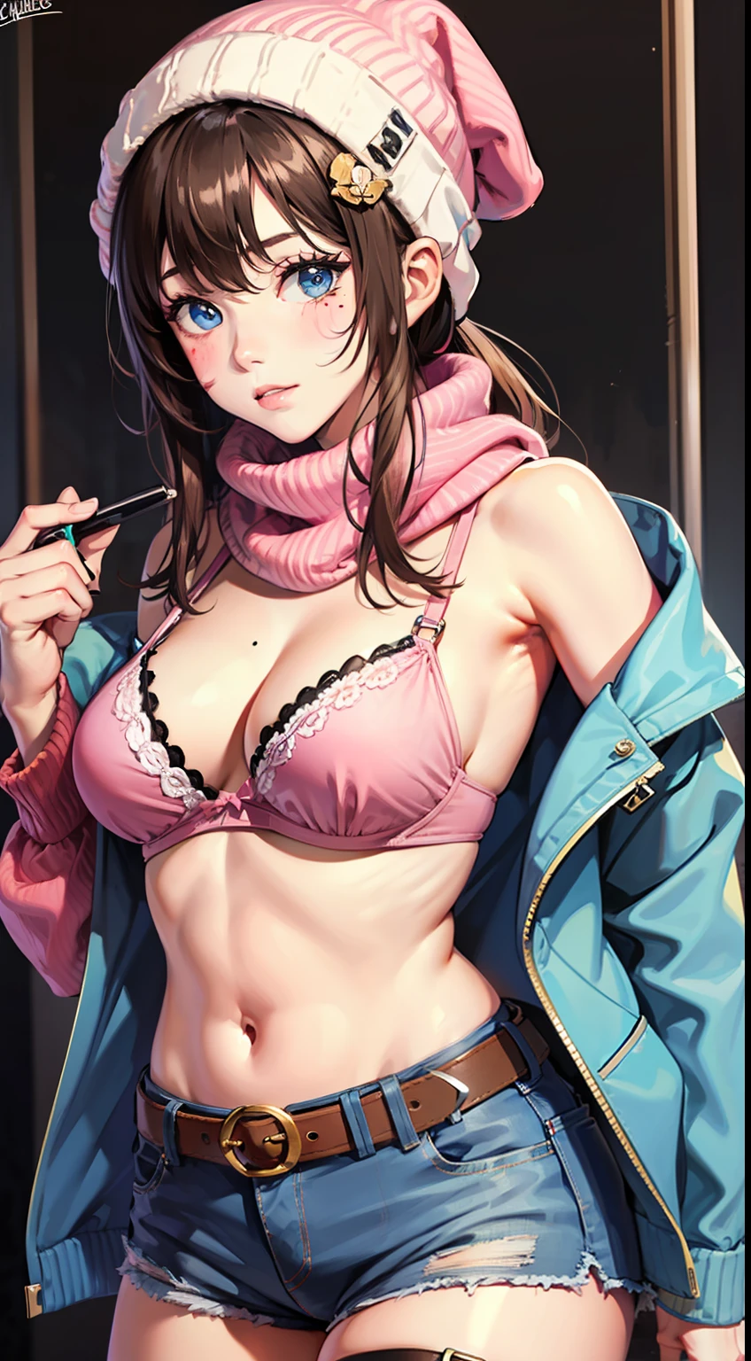 1girl, breasts, thigh strap, belt, solo, pink headwear, hair ornament, blue eyes, hat, body writing, looking at viewer, mole, cowboy shot, collarbone, brown hair, bra, underwear, long hair, pink bikini, pink bra, medium breasts, buckle, off shoulder, beanie, baseball cap, bare shoulders, jacket, skindentation, rating:safe, shorts, belt buckle, clothes writing, flower, blush, artist name, pink shirt, bikini, cleavage, mole under eye, pink scarf, standing, open clothes, swimsuit, facial mark