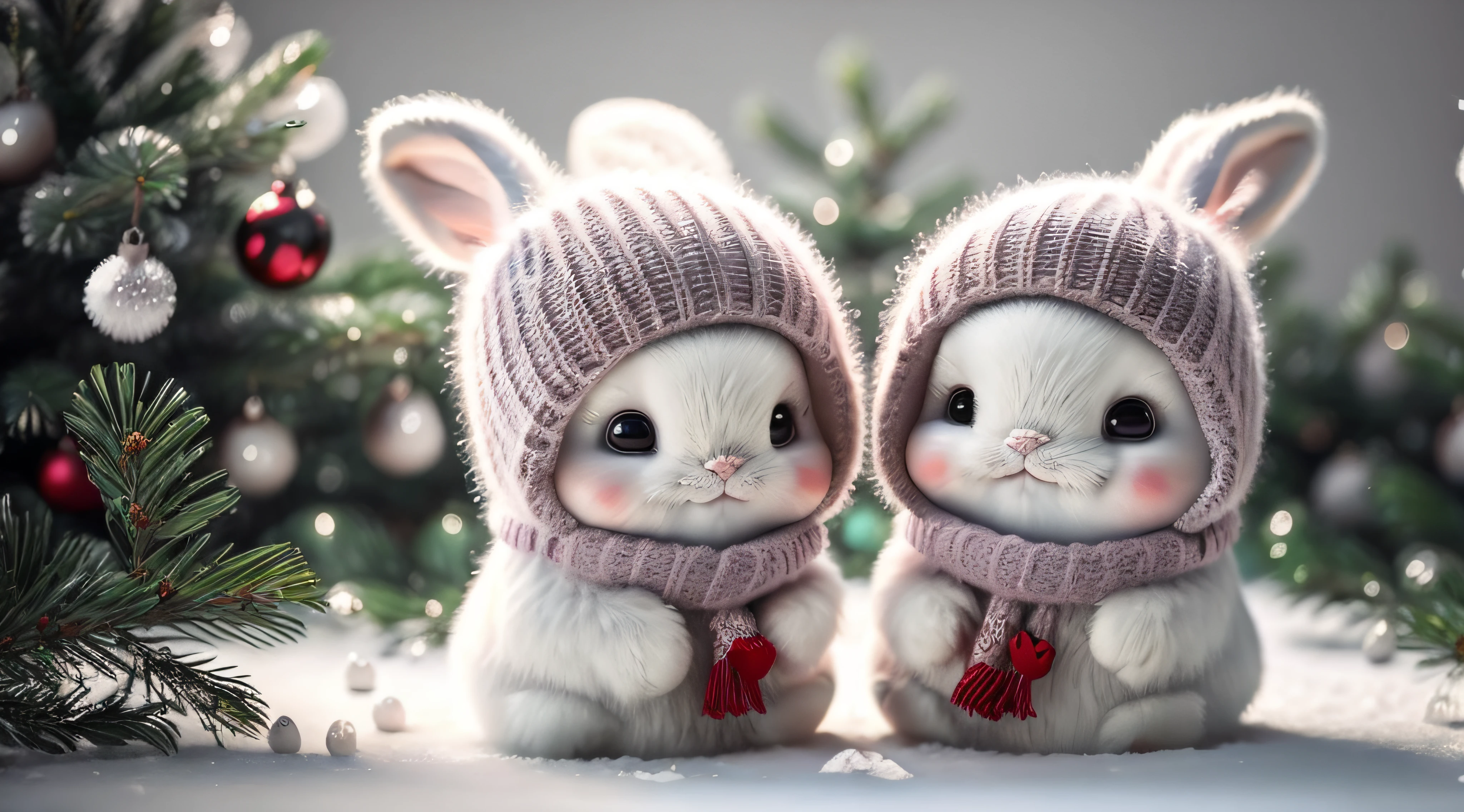rabbit, blur, Christmas tree, snow, winter, Christmas hat, (New Year), flower, nature, no_humans, depth of field, to8contrast style, DARK_Glam dressed in Christmas hat, deep shadows, (dark: 1.4), (8k, RAW photo, best quality, masterpiece: 1.2)