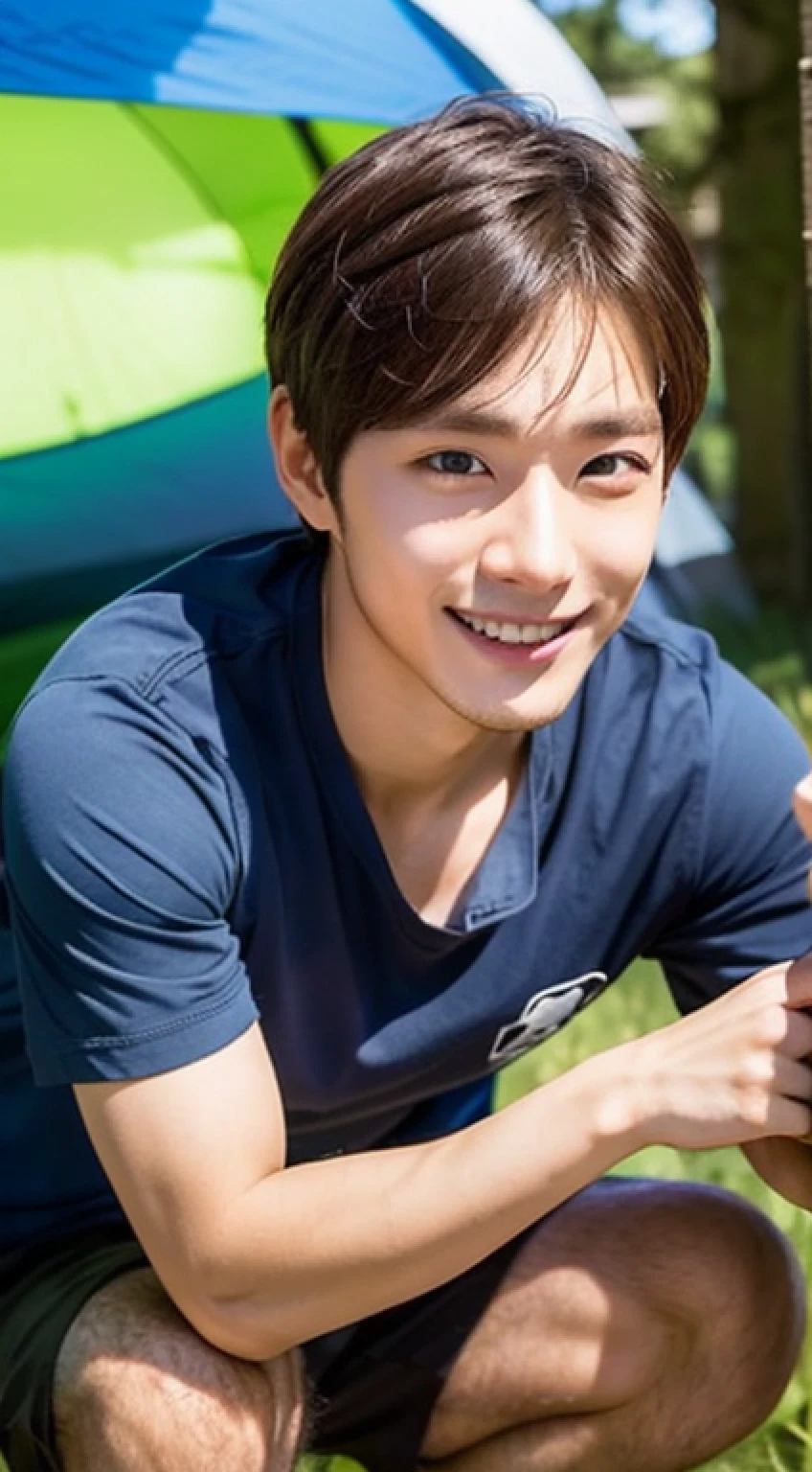 Male, about 25 years old, smile, sharp focus, full body (1.5), summer, shirt, wonderful, camping, hotel,