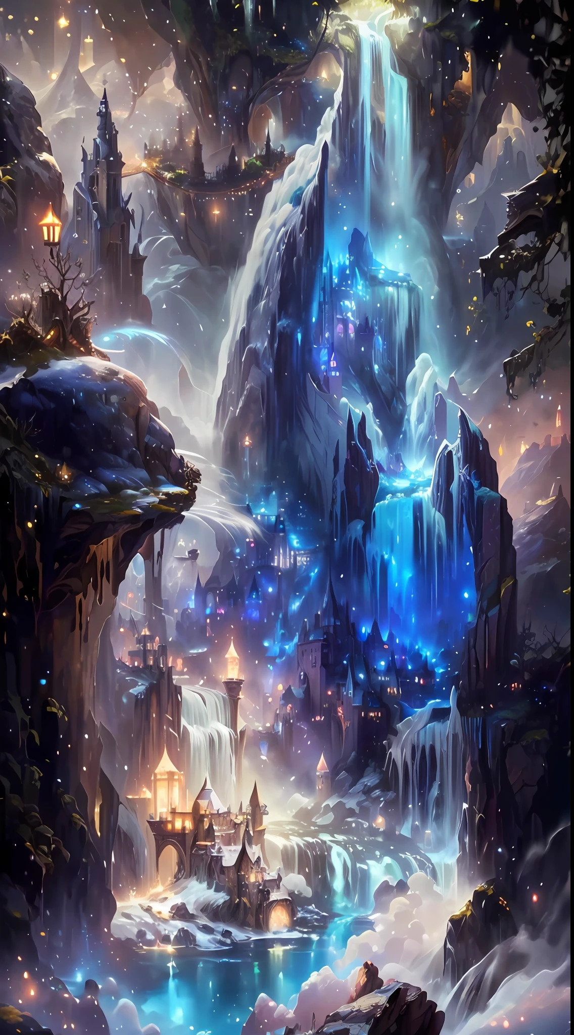 a painting of a waterfall with a castle in the middle of it, detailed fantasy digital art, 4k highly detailed digital art, magic fantasy highly detailed, highly detailed fantasy art, beautiful detailed fantasy, detailed fantasy art, fantasy highly detailed, closeup fantasy with water magic, 4 k detail fantasy, 4k detailed digital art, beautiful art uhd 4 k, detailed fantasy illustration