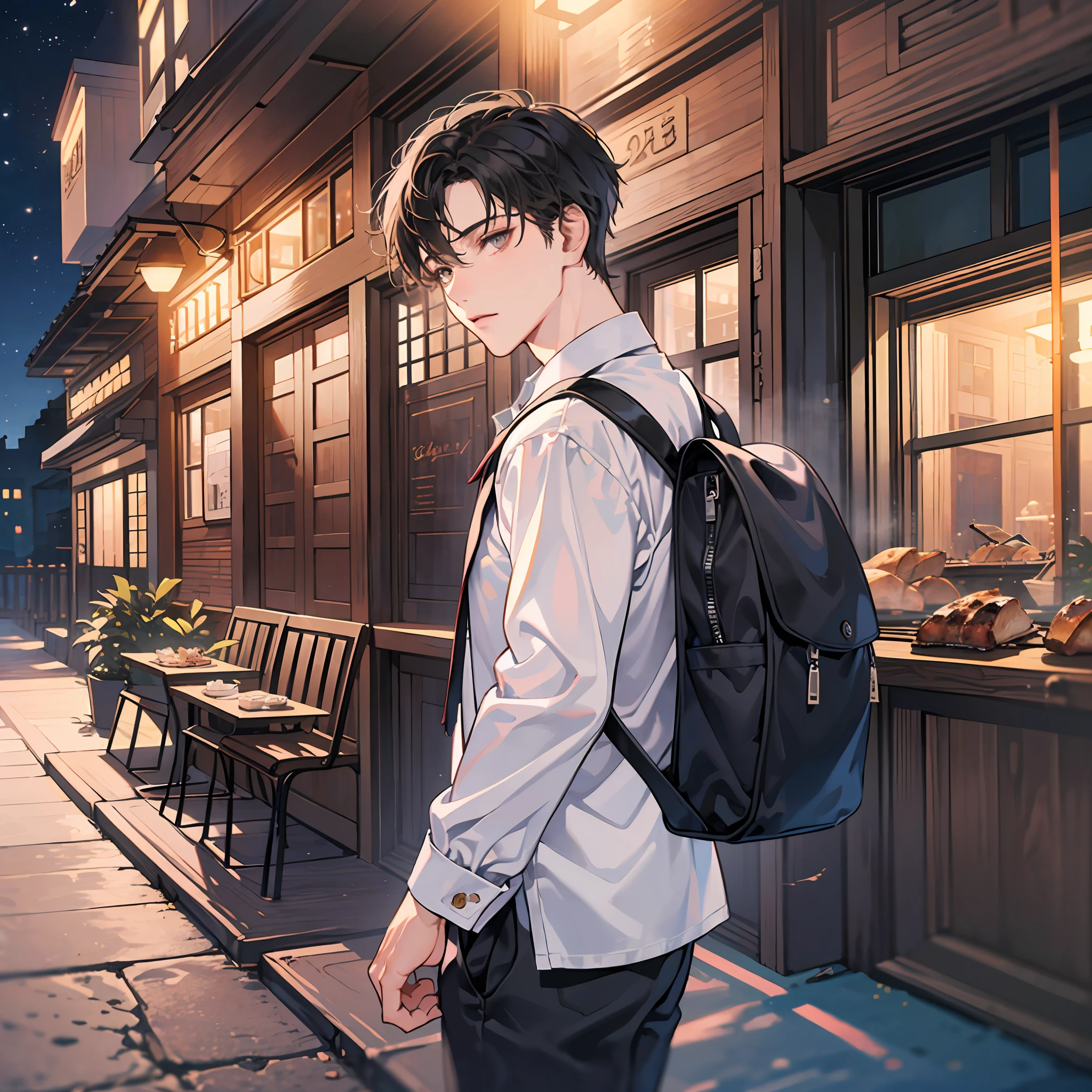 (Handsome man: 1.4), wearing a white shirt, short black hair, delicate face, fair skin, backpack (at night in front of the barbecue restaurant: 1.4), 8K HD, deserted no one, master masterpiece - high-quality image, exquisite (full body: 1.4)