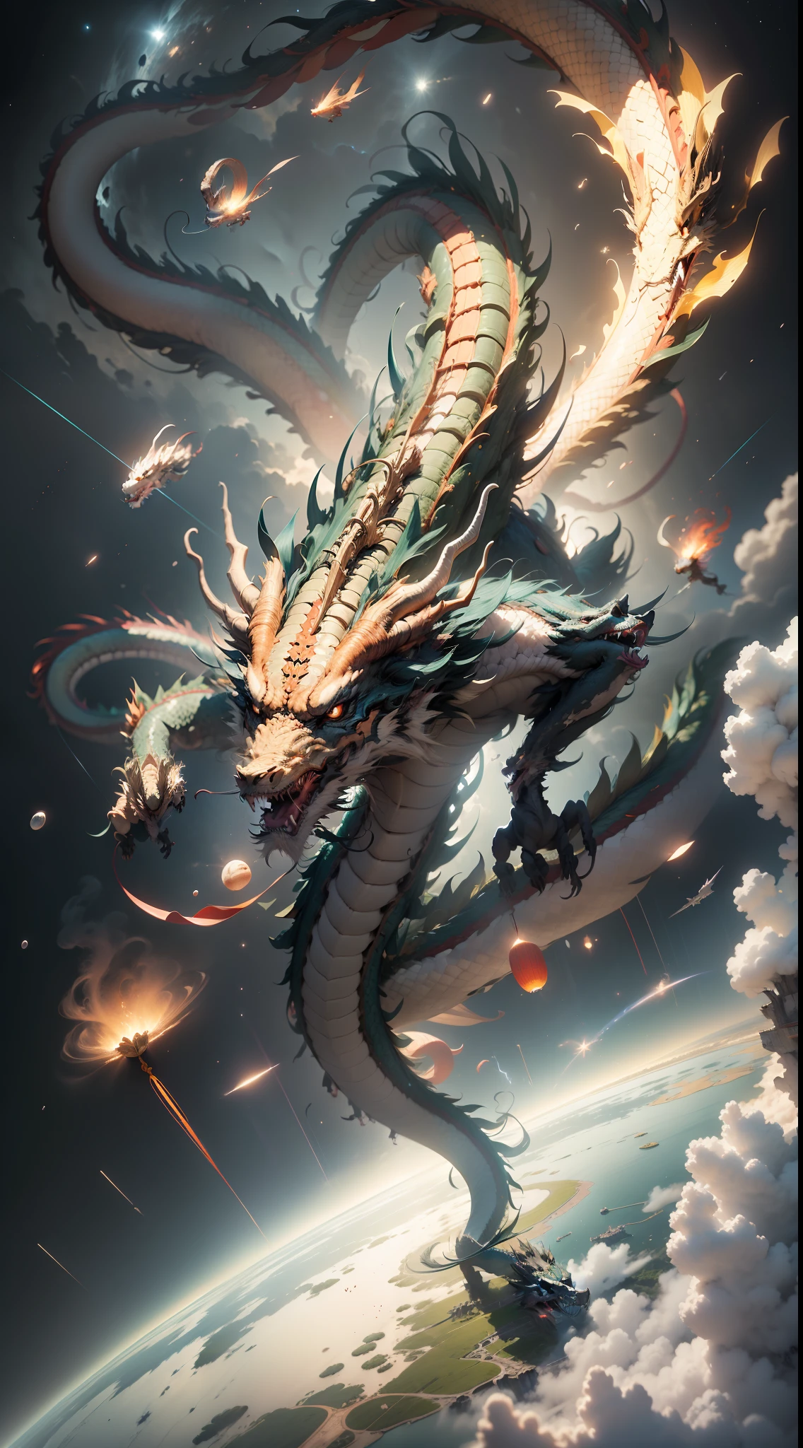 A Chinese dragon flying from space to Earth