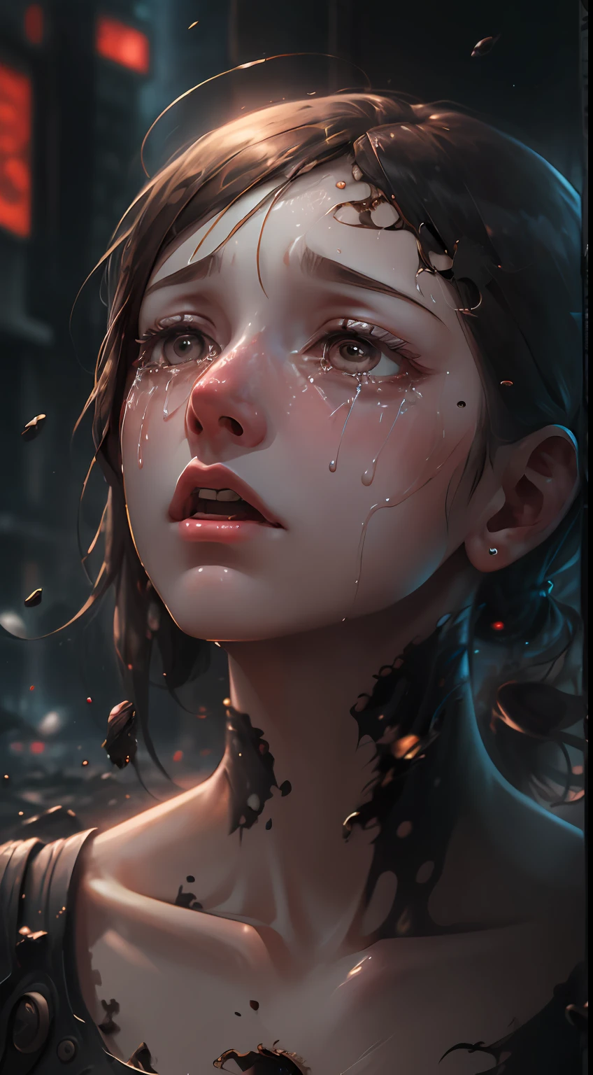 High Quality, High Quality, High Definition, 8K, Detailed Face, Detailed Body, Android, Machine Man, Vomiting Machine Oil, Missing Body, Beautiful Girl, Minimal Clothing, Breakdown, Ruined City, Man Is Perishing, Crying, Crying, Nearing Death, Fear, Tears, Crying, Tears