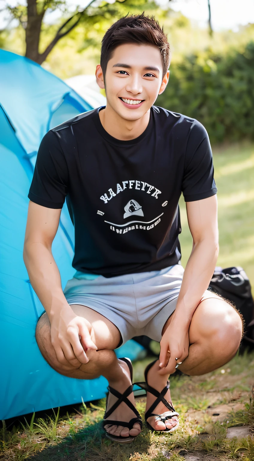 Male, about 25 years old, smile, sharp focus, full body (1.5), summer, shirt, wonderful, camping, coffee,