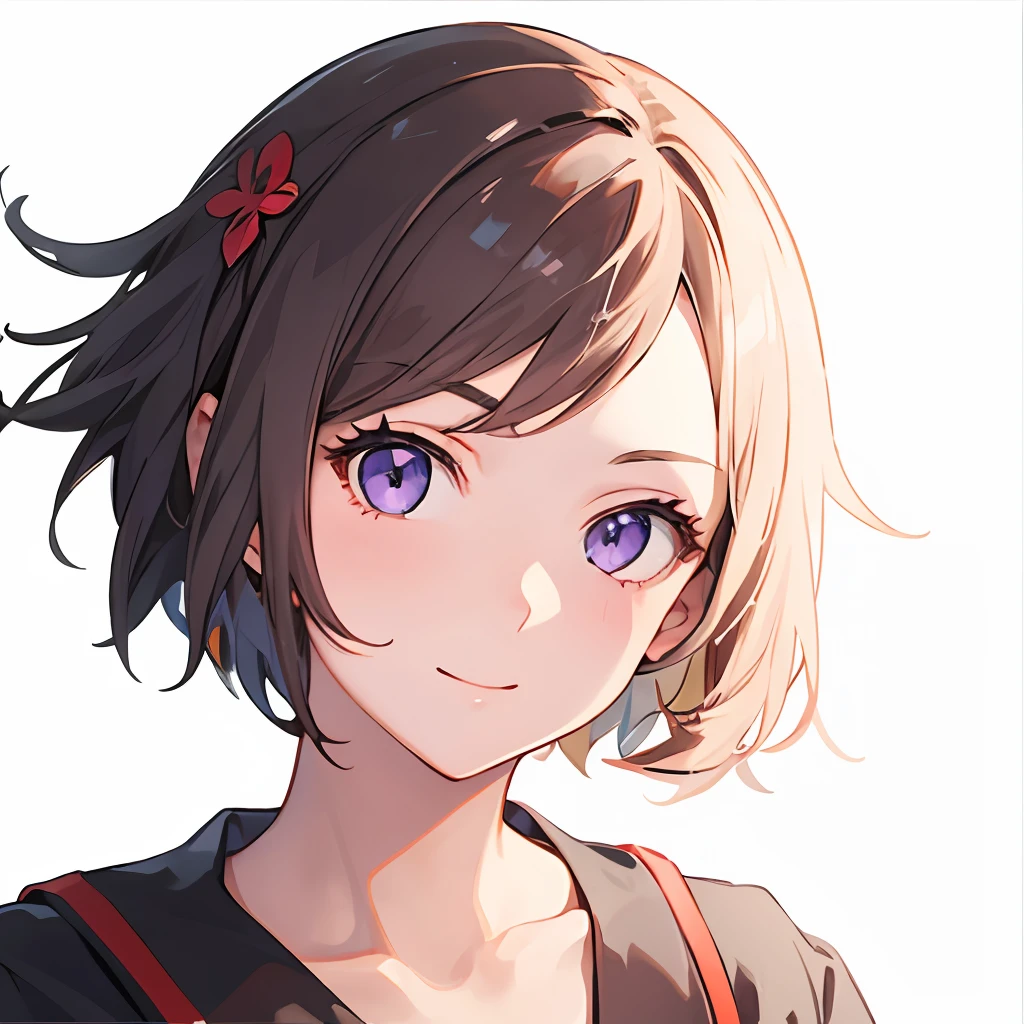 1girl, medium hair, solo, portrait, looking at viewer, (collarbone:0.6), (smile:0.4), purple eyes, (one red hairclip:0.65), small breasts, closed mouth, white background