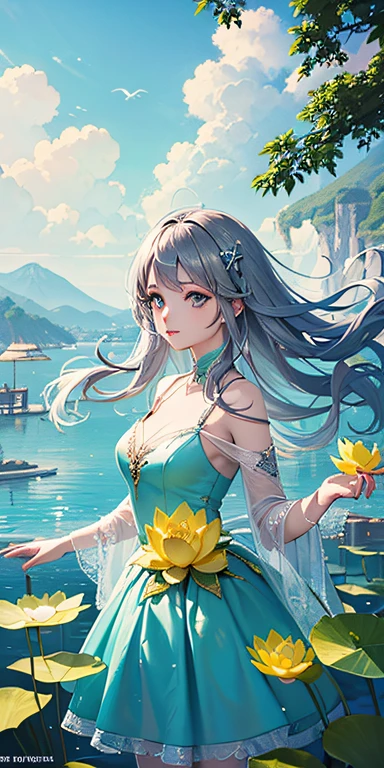 (((Lotus Fountain, Silver Fluorescent Fairy Dress, Close-up, Tianchi, Sea of Colored Clouds, Facing the Lens, Renaissance))), (((Gaseous Sky, Alpine Green Water, Long Legs, Gaseous Sky))), ((Intricate Detail Depiction, Mechanism Detailing)), Ultra Fine Painting, Masterpiece, Dynamic, Bust Shot, Upper Body, Highest Quality, 8K, Rainbow Bright Hair, Long Hair, Feminine Eye Makeup, (Giant Soap Bubble, Bird, Bird, Furry Decoration, Tyndall Effect)