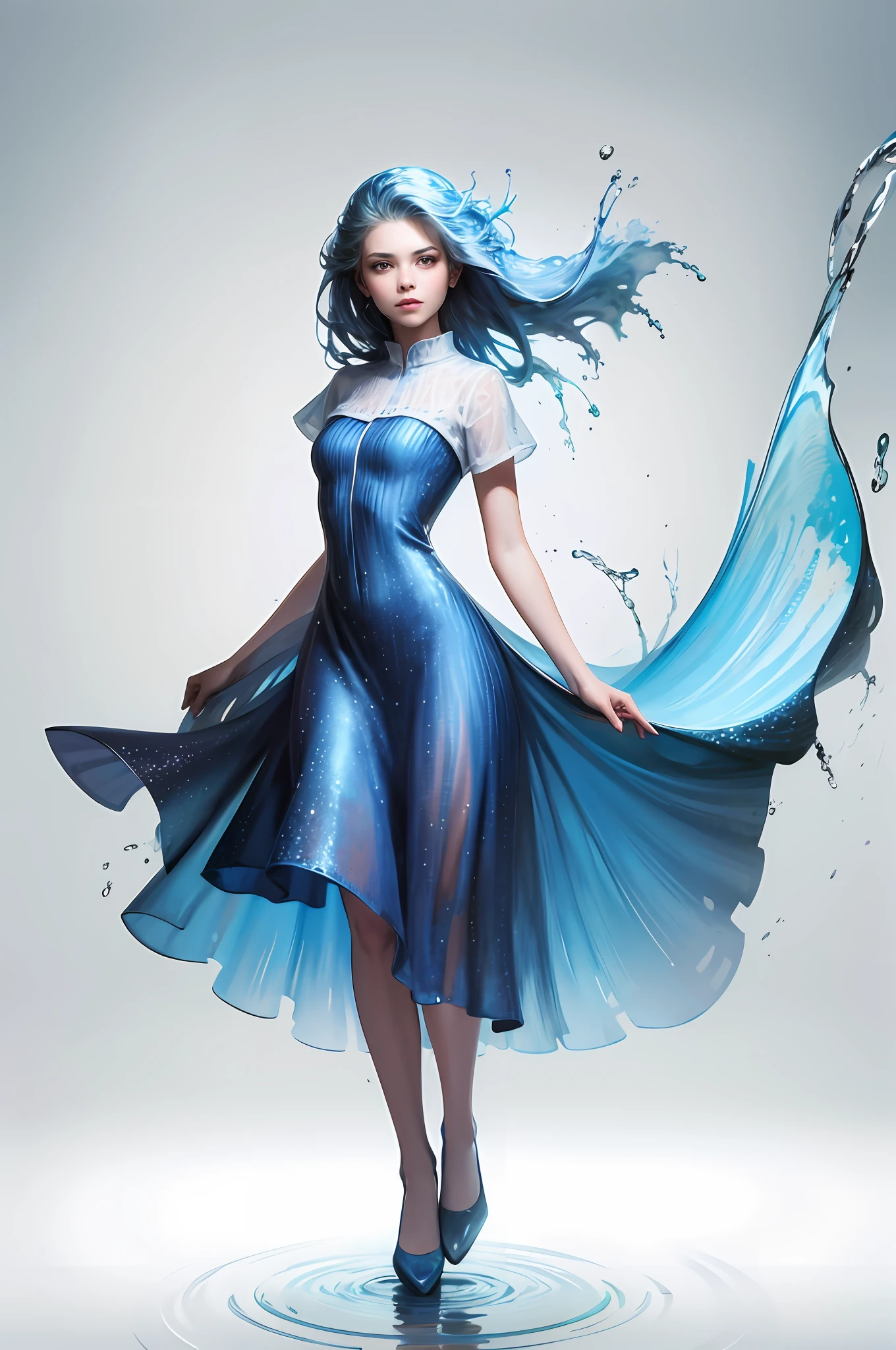 (masterpiece, best quality, high quality, highres, ultra-detailed), 1girl,solo,light_blue_hair,(liquid hair:1.2),liquid shoes,  long hair,floating hair, full body, standing,sundress, liquid clothes,water dress,  best quality, 8k, detailed skin texture,  beautiful detailed face, intricate details, ultra detailed,dancing,    skirt_tail,