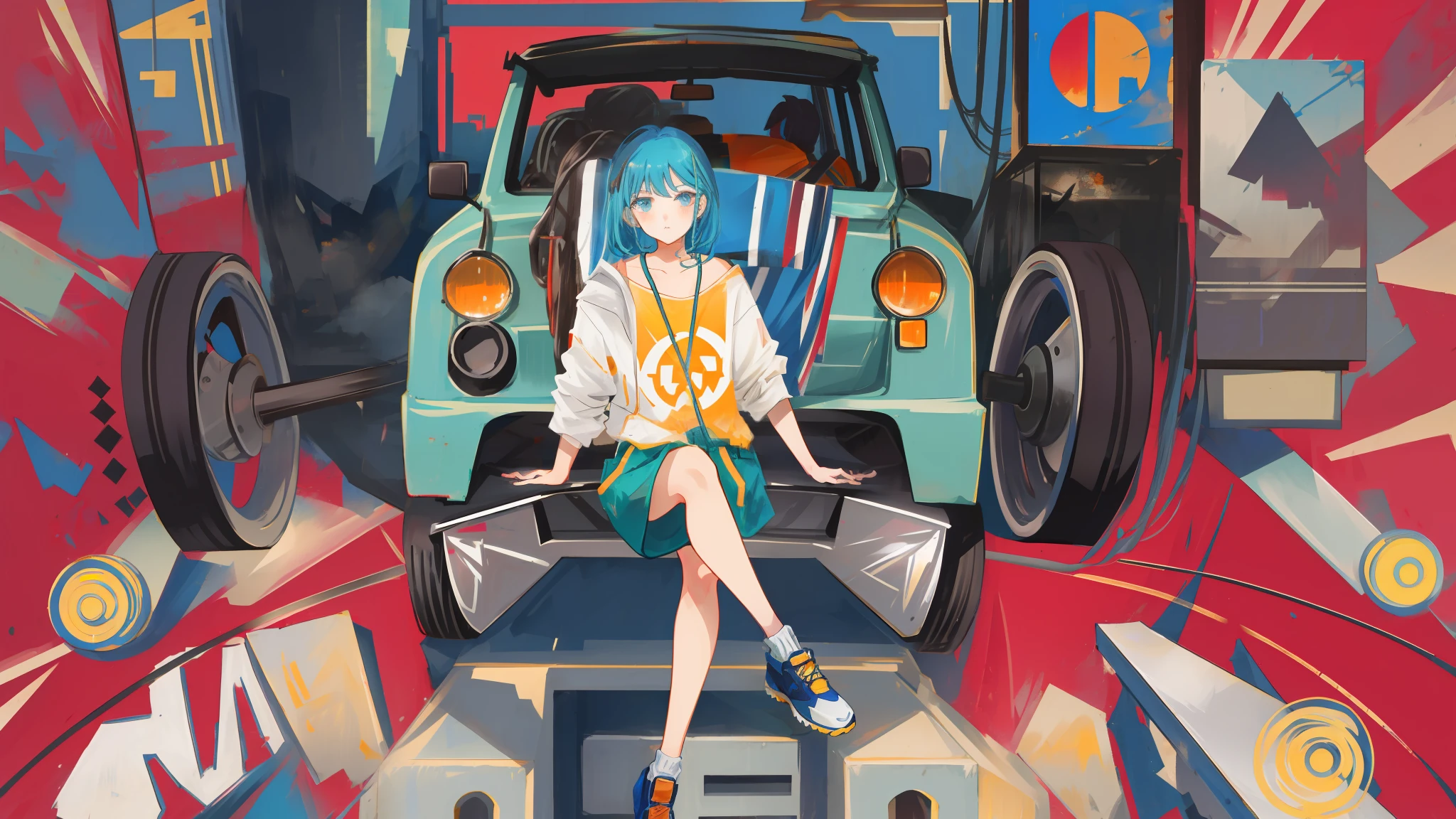 Anime boys drive mecha through abandoned futuristic cities, 80s style, buildings covered in thick dust, full of street art and graffiti, the city's sky is illuminated by the orange sunset.