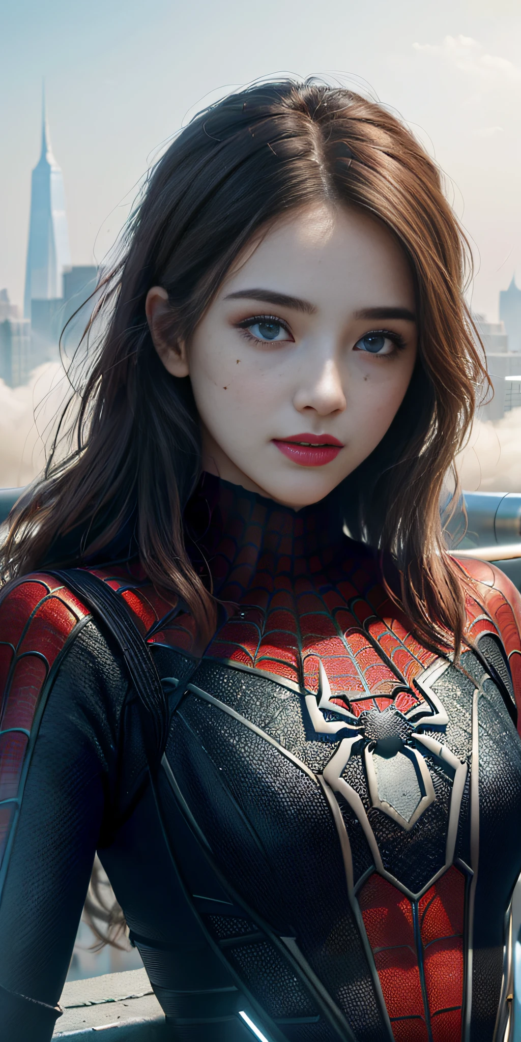 (1girl:1.3), Solo, (((Very detailed face)))), ((Very detailed eyes and face)))), Beautiful detail eyes, Body parts__, Official art, Unified 8k wallpaper, Super detailed, beautiful and beautiful, beautiful, masterpiece, best quality, original, masterpiece, super fine photo, best quality, super high resolution, realistic realism, sunlight, full body portrait, amazing beauty, dynamic pose, delicate face, vibrant eyes, (from the front), She wears Spider-Man suit, red and black color scheme, spider, very detailed city roof background, rooftop, overlooking the city, detailed face, detailed complex busy background, messy, gorgeous, milky white, highly detailed skin, realistic skin details, visible pores, clear focus, volumetric fog, 8k uhd, DSLR, high quality, film grain, fair skin, photo realism, lomography, futuristic dystopian megalopolis, translucent