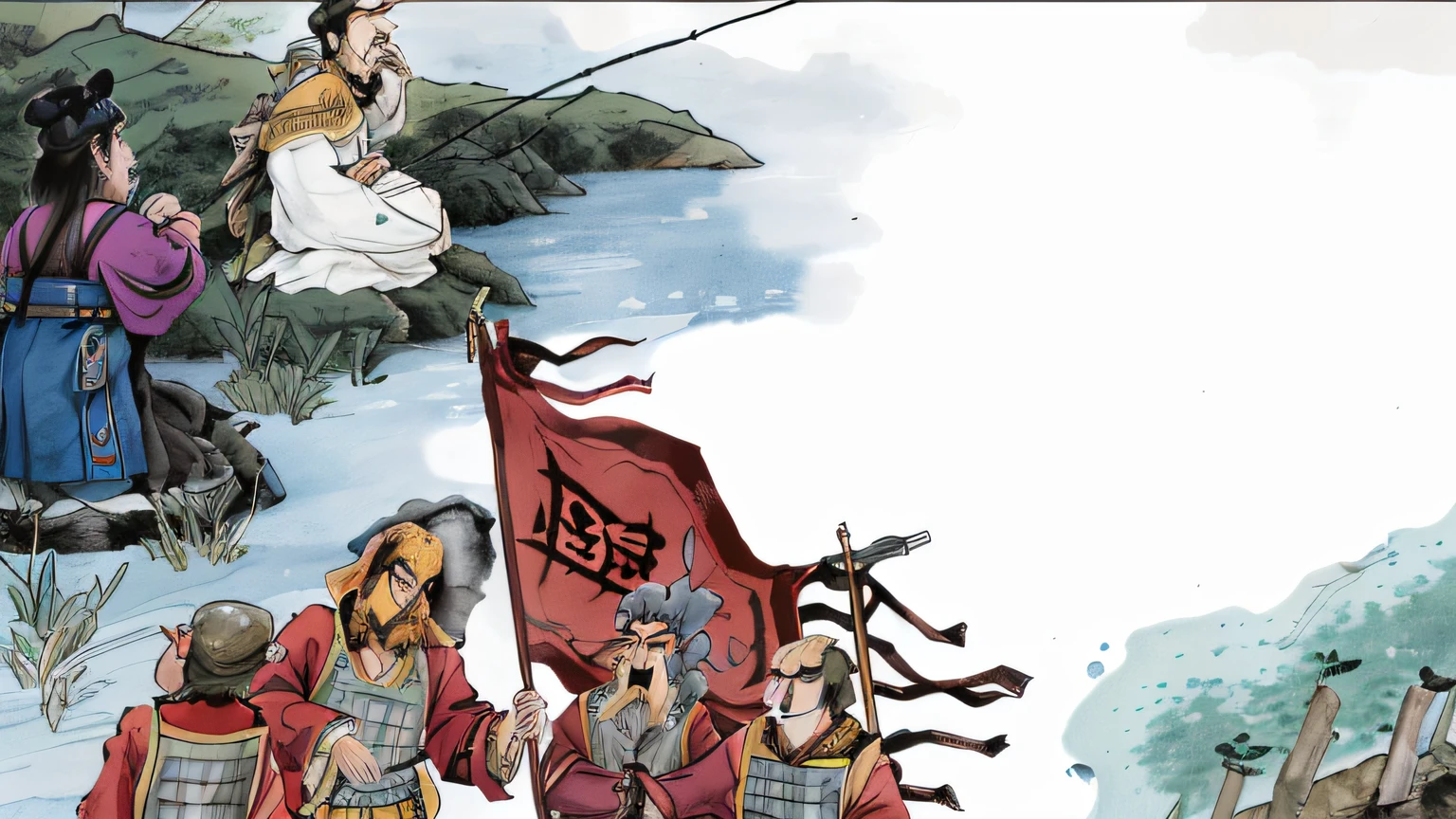 During the Three Kingdoms period, the King of Zhou was visiting Jiang Taigong, who was fishing in a gown and holding a fishing rod, and there were four soldiers holding flags, clear facial features, and masterpieces.