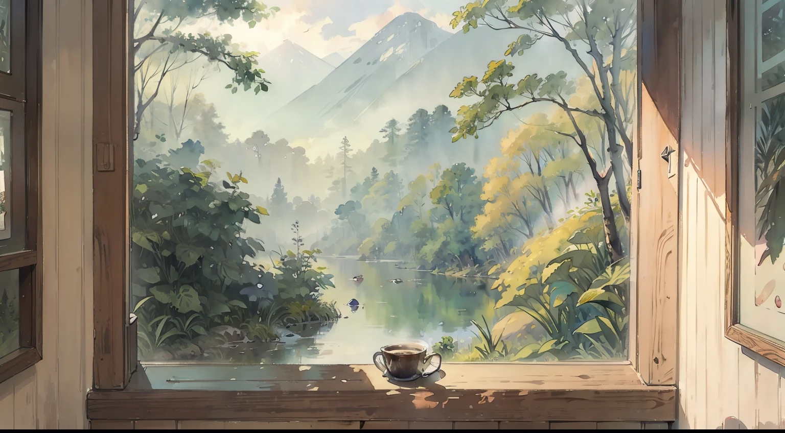 Watercolor painting, forest view from coffee shop window