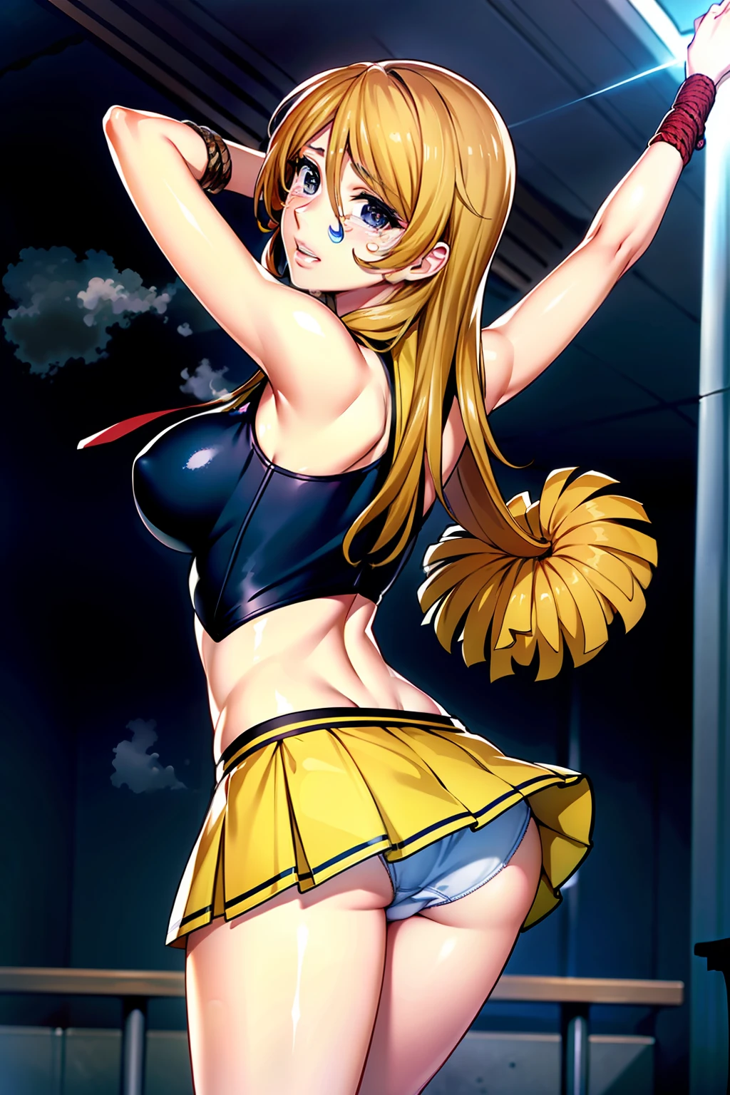 (from back,from behind:1.7),(Low Angle,from below:1.4),8k, 1girl,dark room,(cheerleader costume with micro miniskirt,see y-white-pane hip, form miniskirt:1.7),(rope shibari e clothes:1.8),(leaning forward,open legs:1.5), (arms up,tie wrists:1.6),night, medium bsts,(with natunty tits:1.2) ,arms up, lookit viewer, 1 girl, 18yo,Young female,Beautiful Finger,Beautiful long legs,Beautiful body,Beautiful Nose,Beautiful character design, perfect eyes, perfect face,(frown,bite lip,disgust,crying,nose-blushing,:1.2), solo focus, cowboy shot, (masterpiece:1.4),(best quality:1.4),(shiny skin), NSFW,official art,extremely detailed CG unity 8k wallpaper, perfect lighting,Colorful, Bright_Front_face_Lighting, (masterpiece:1.0),(best_quality:1.0), ultra high res,4K,ultra-detailed, photography, 8K, HDR, highres, absurdres:1.2, Kodak portra 400, film grain, blurry background, bokeh:1.2, lens flare, (vibrant_color:1.2) ,steaming body ,