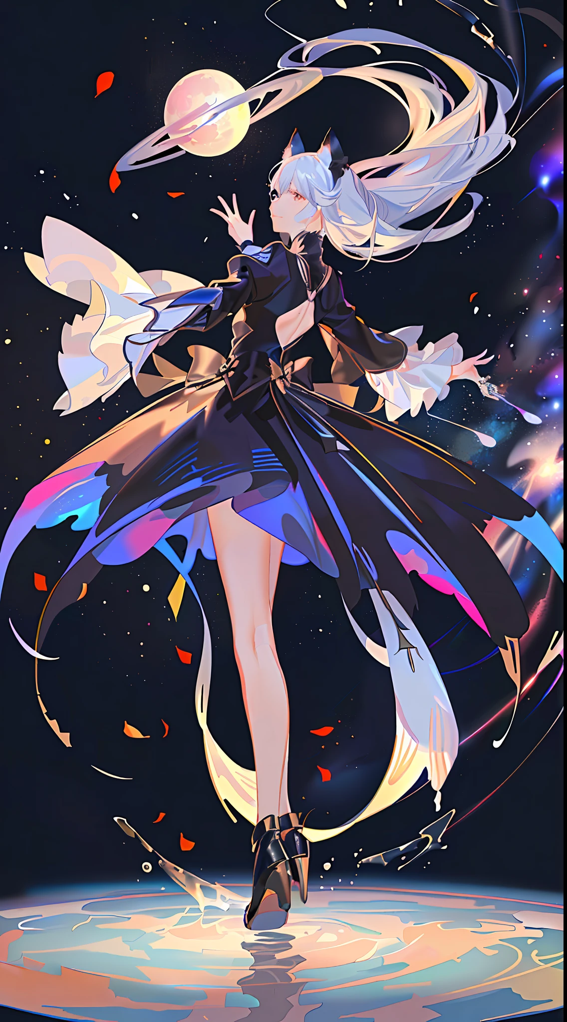 Extensive Landscape , (Looking Up and Down Below), Girl Standing in Flower Field Looking Up, (Full Moon:1.2), ( Shooting Star:0.9), (Nebula:1.3), Distant Mountains, Tree BREAK Artwork, (Warm Light Source:1.2), (Firefly:1. 2), Lamp, Lots of Purple and Orange, Fine Detail, Volume Lighting BREAK (Masterpiece:1.2), (Top Quality), 4k, Super Dense, (Dynamic Composition:1.4), Very Dense, Colorful Details, ( Iridescent:1.2), (Glowing Lighting, Atmospheric Lighting), Dreamy, Fantastic, (Solo:1.2), Glitter, Dancing Petals, White Hair, Beautiful Hair, long hair, cat ears, back view, magical effect of water, soap bubbles