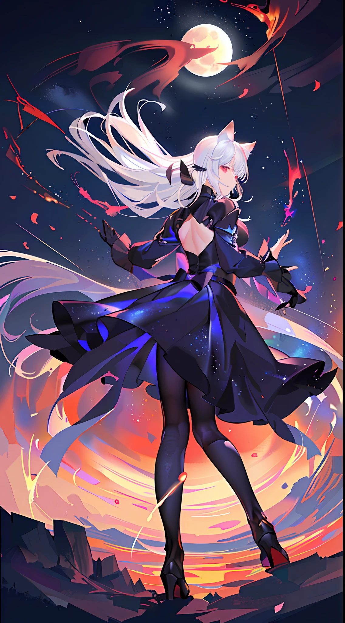 Extensive Landscape , (Looking Up and Down Below), Girl Standing in Flower Field Looking Up, (Full Moon:1.2), ( Shooting Star:0.9), (Nebula:1.3), Distant Mountains, Tree BREAK Artwork, (Warm Light Source:1.2), (Firefly:1. 2), Lamp, Lots of Purple and Orange, Fine Detail, Volume Lighting BREAK (Masterpiece:1.2), (Top Quality), 4k, Super Dense, (Dynamic Composition:1.4), Very Dense, Colorful Details, ( Iridescent:1.2), (Glowing Lighting, Atmospheric Lighting), Dreamy, Fantastic, (Solo:1.2), Glitter, Dancing Petals, White Hair, Beautiful Hair, long hair, cat ears, back view, magical effect of water, soap bubbles