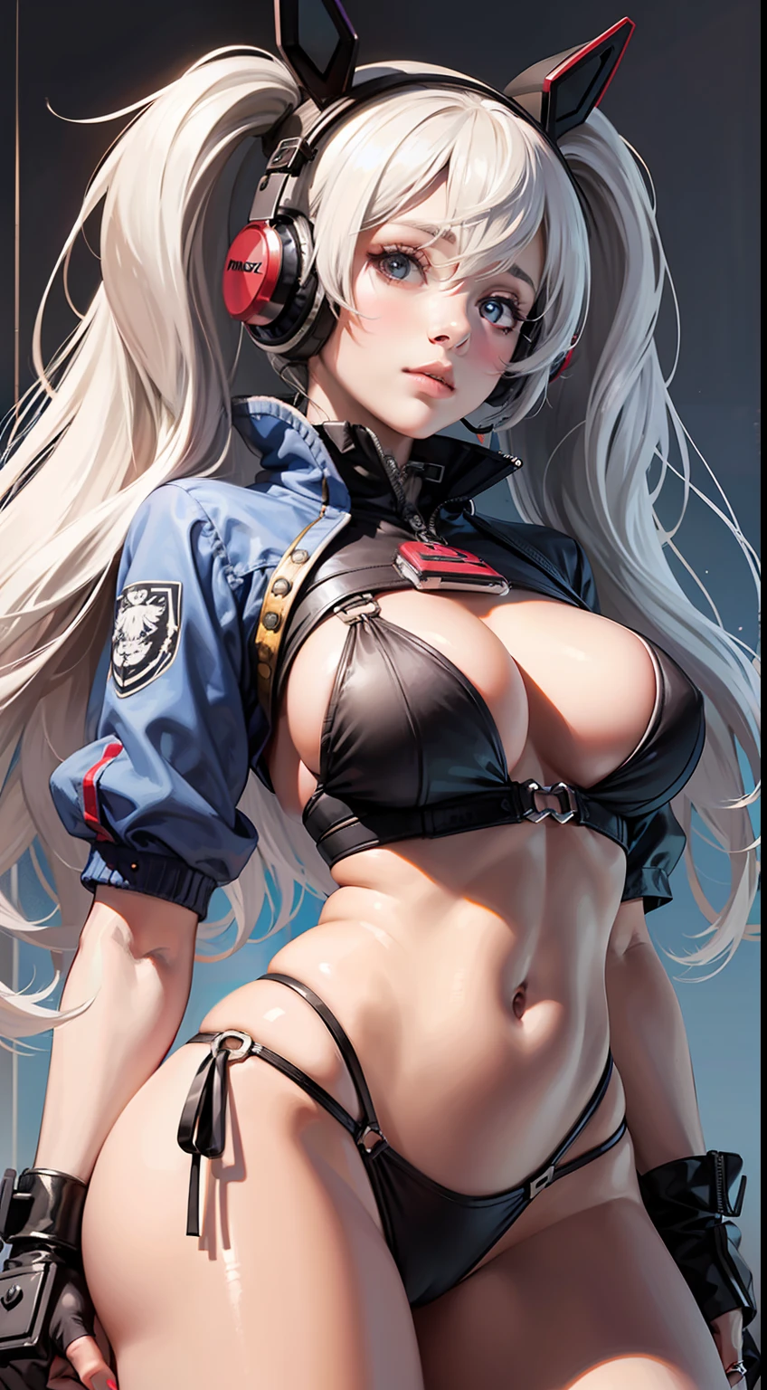 1girl, twintails,white hair,medium breasts,underboob,headphone,(masterpiece:1.4),(best quality:1.4),realistic