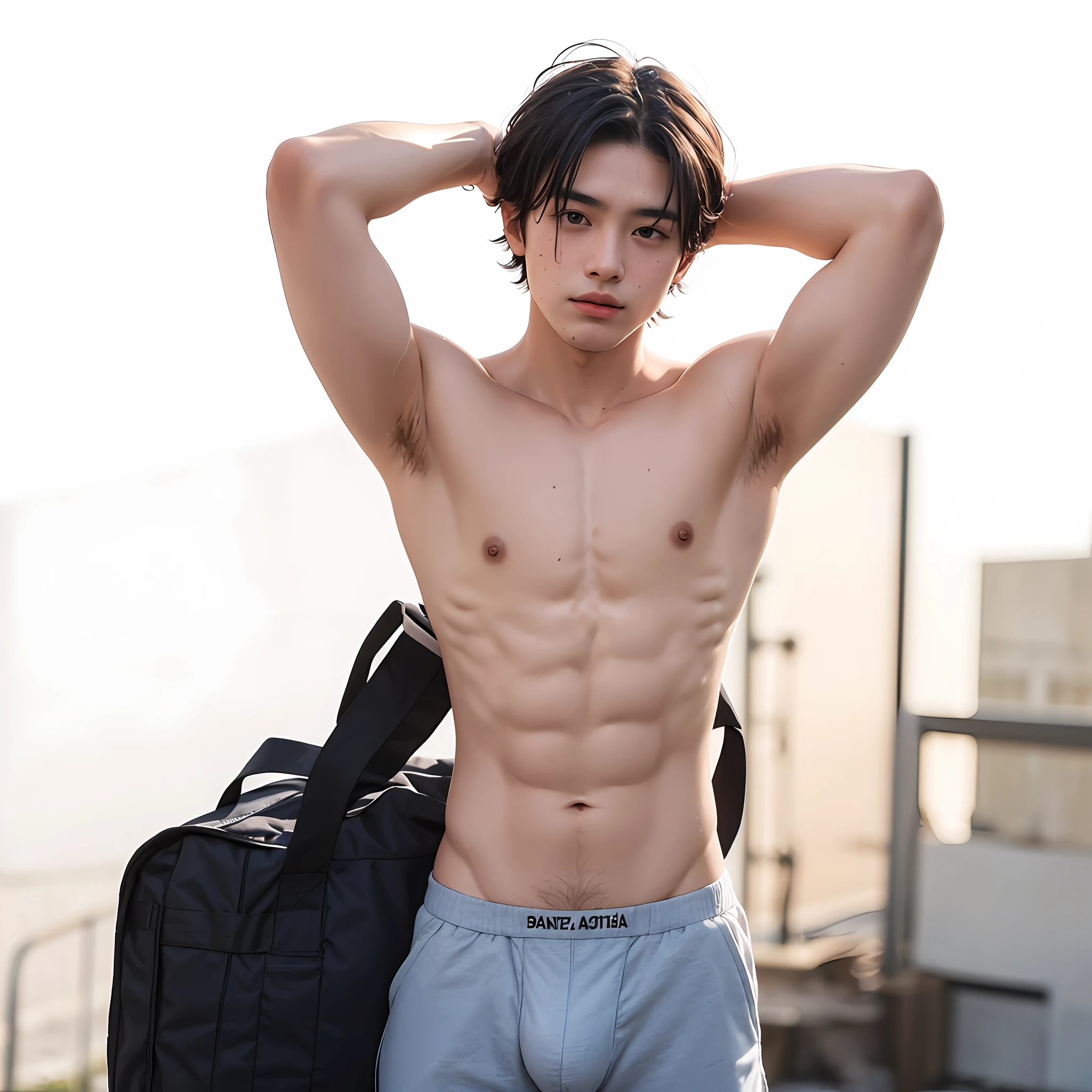 sweaty skater, , hands behind his head, some dark thin hair under his armpits, thin, not muscular, naked, in tight underwear, large bulge, full body shot --auto --s2