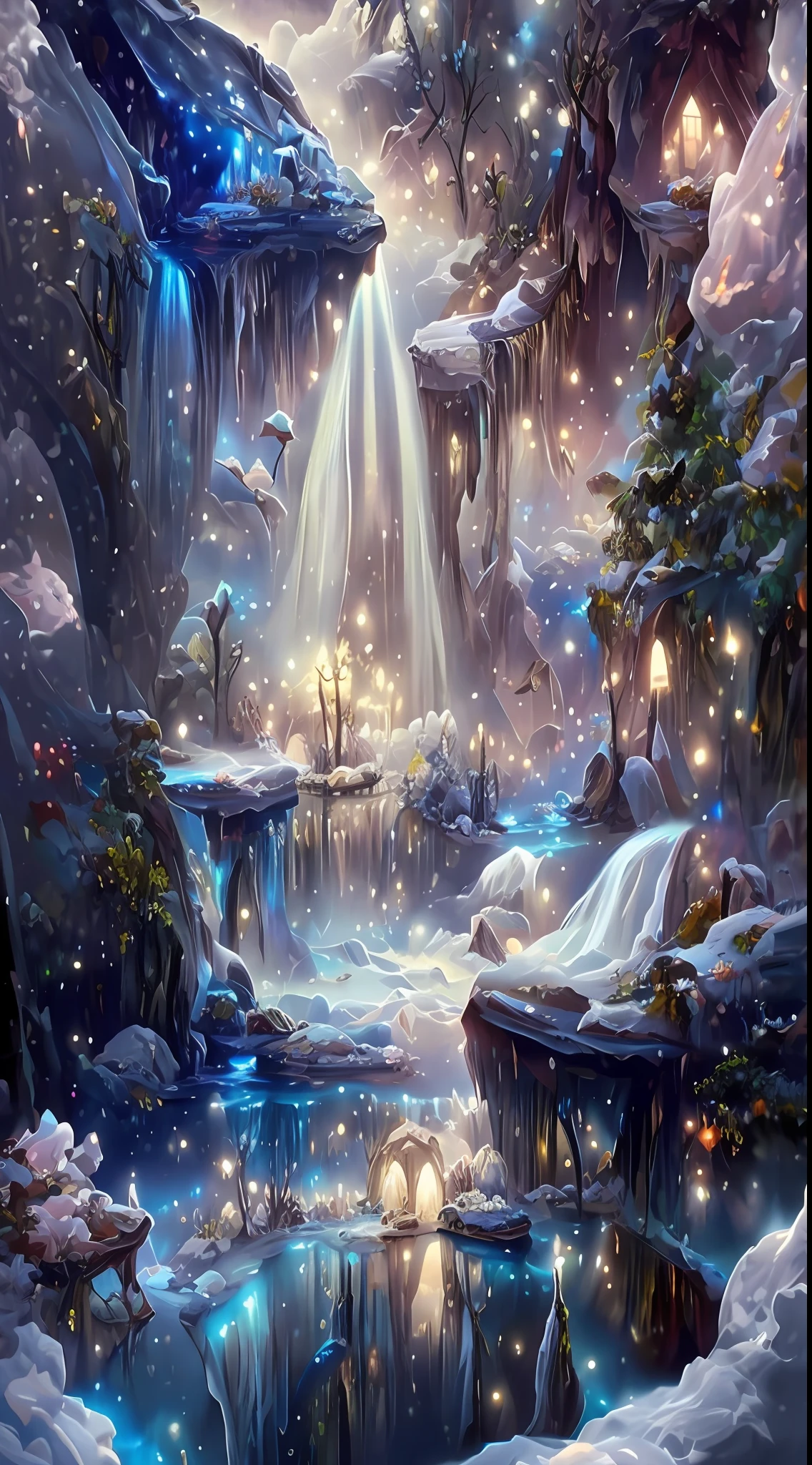 painting of a waterfall with a waterfall in the middle of it, 4k highly detailed digital art, magic fantasy highly detailed, detailed fantasy digital art, beautiful detailed fantasy, beautiful art uhd 4 k, magical background, 4k detailed digital art, magical landscape, detailed dreamscape, magical sparkling lake, fantasy highly detailed, magical fairy background, beautiful fantasy painting