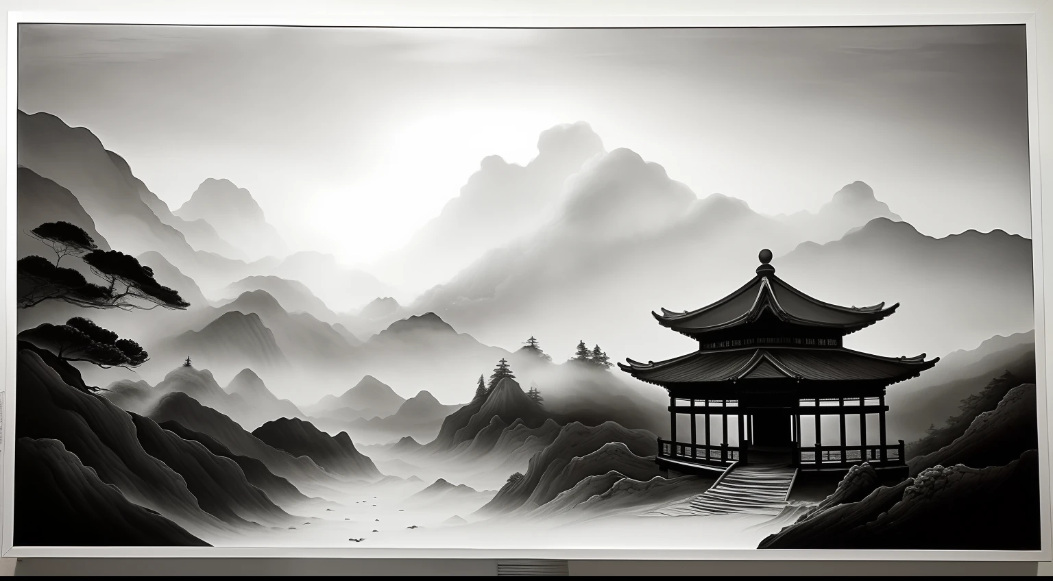 Masterpiece, Superb Painting, Gray Scale, Chinese Martial Arts Style, Continuous Firmament, Cliffs, Ink Wind, Contour Light, (((Atmospheric Atmosphere)), Depth of Field, Mist Rising, Gazebo, Pine, Stone Pavilion, Waterfall, Ink, [Black and White], Indigo