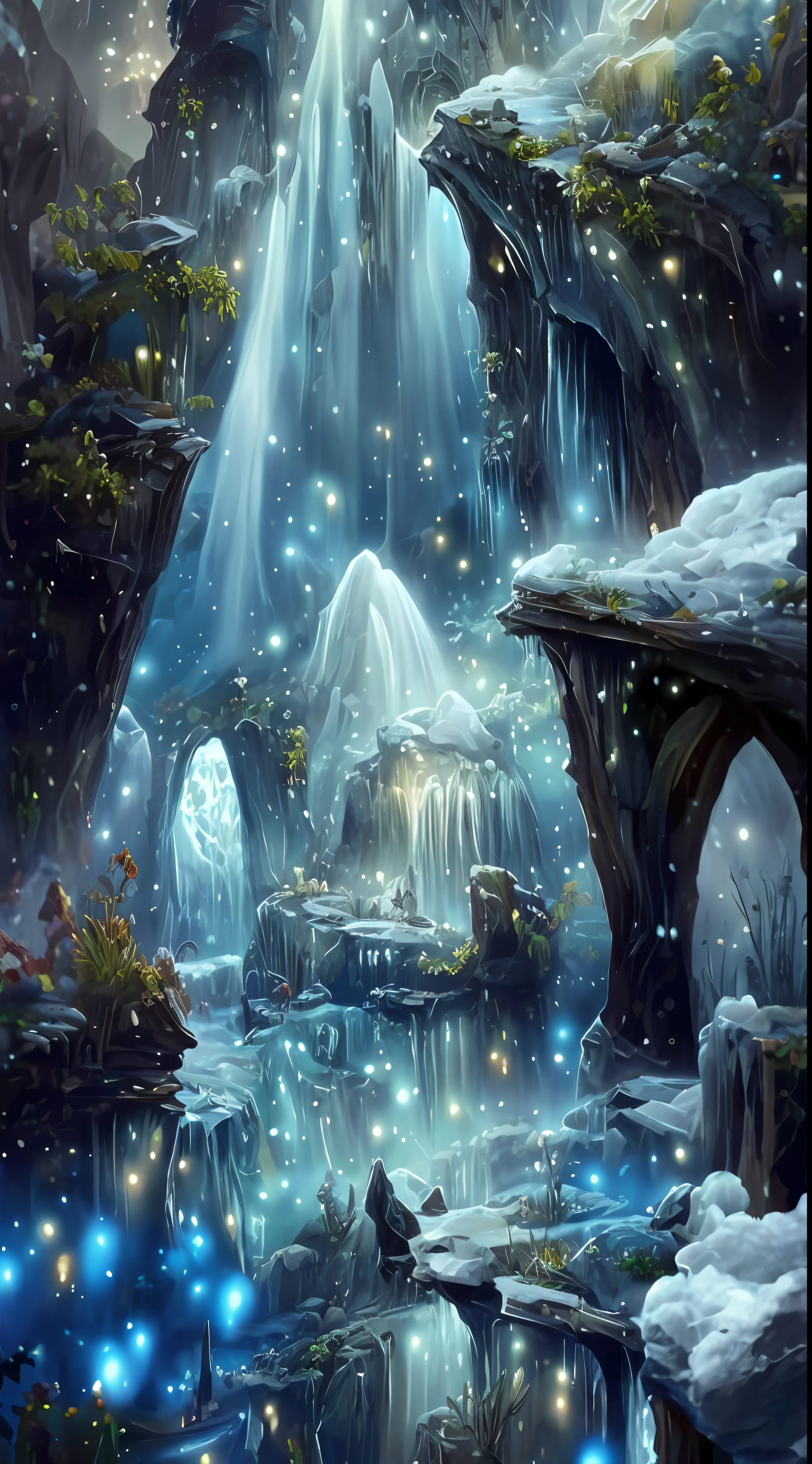 a painting of a waterfall with a waterfall in the middle, detailed fantasy digital art, 4k highly detailed digital art, magic fantasy highly detailed, beautiful detailed fantasy, magical environment, highly detailed fantasy art, water everwhere fantasy, 4k detailed digital art, fantasy highly detailed, beautiful art uhd 4 k, magical landscape, detailed fantasy art, magical background