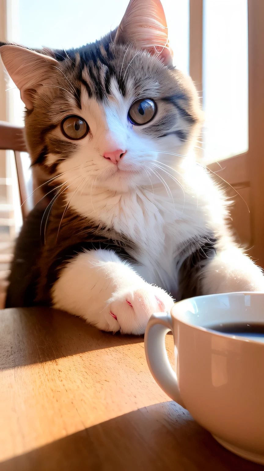 white grey with Round Pupils, (Himalayan), (Small)))), in a teacup, Face, Front paws out, 8K, Professional photo, Delicate, Clear, On the table, Inside the house, Sunshine, Light Leak, Masterpiece, ((Pretty))), Fashionable Teacup, (Reality), Plush Toy, Round Pupils
