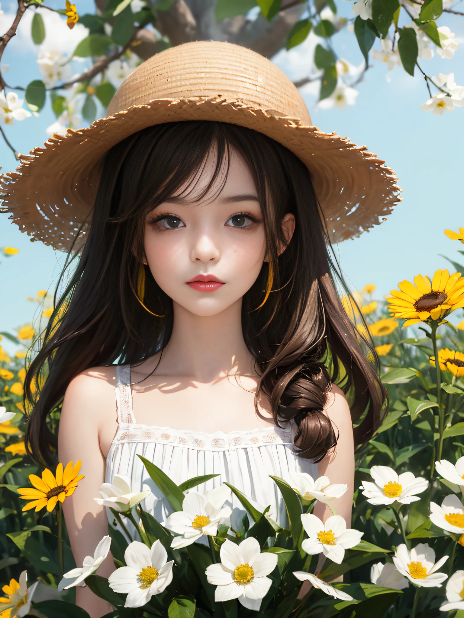 MasterPiece，spring time，bust，Little girl with hat，Yellow hair，Colorful flowers，facing towards the viewer，