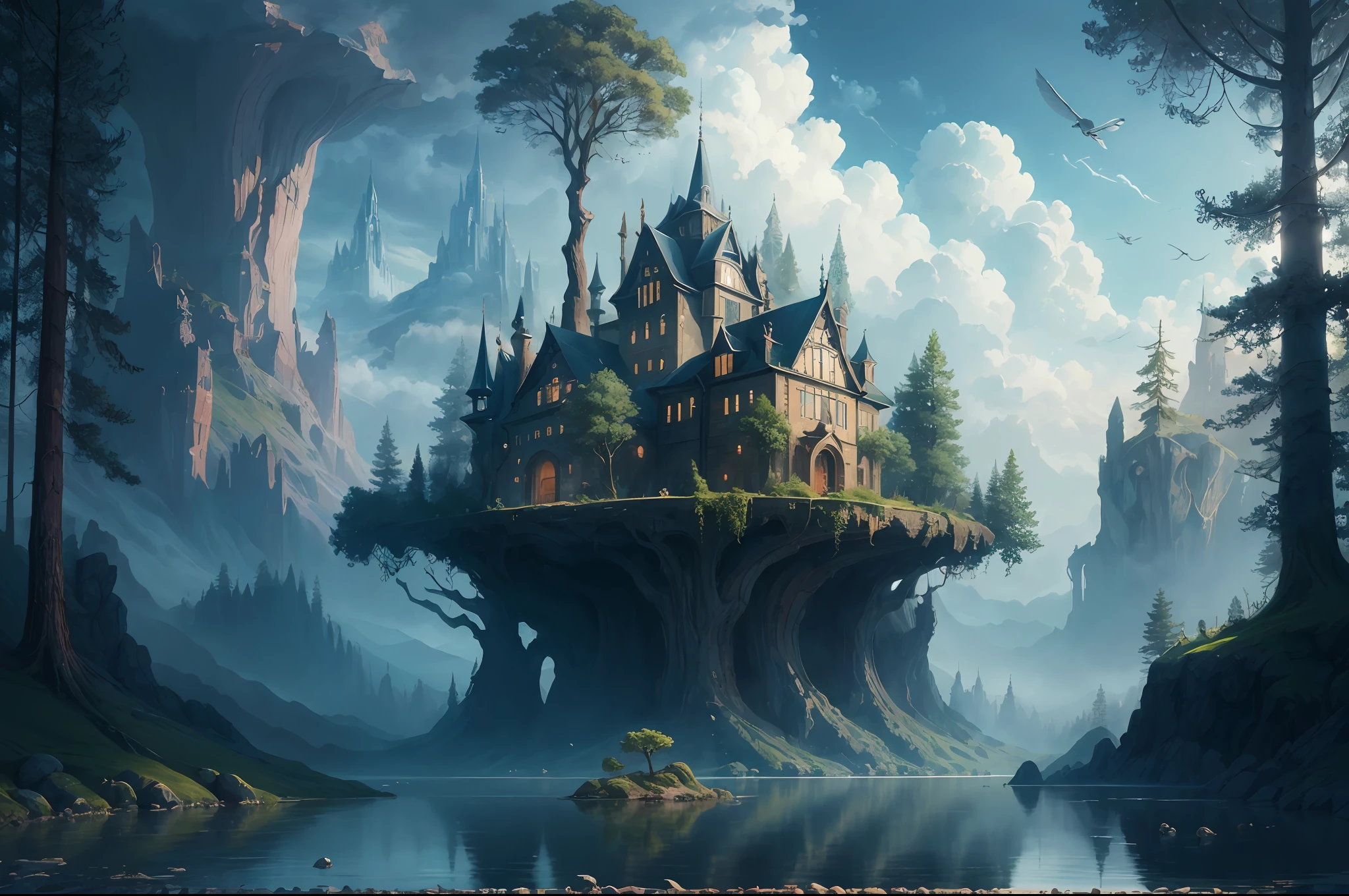 Elf Kingdom, house full of design, misty forest, lake, sky, clouds, fantasy incredible, supersaturated, surreal, Pixar style, high resolution, artgerm, masterpiece, super detailed, epic composition, high quality, highest quality, 16k