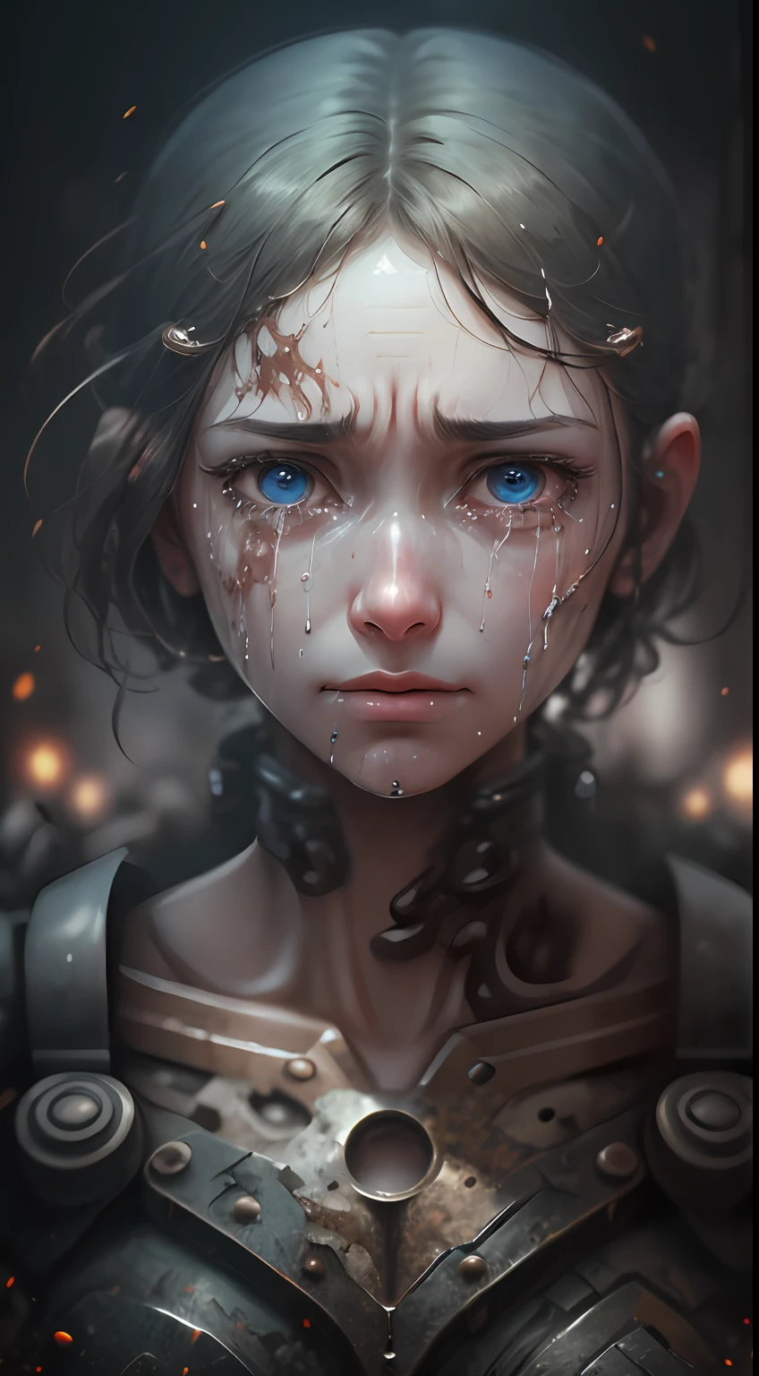 High Quality, High Quality, High Definition, 8K, Detailed Face, Detailed Body, Android, (Machine Man), Machine Oil Overflows from Mouth, (Corroding Body), (Face is Partially Metal), (Missing Body), Beautiful Girl, Loses Eye Color, (Minimal Clothing), (Breakdown), Desolate City, Man Is Destroyed, Ahana, Desperate Eyes, Crying, Nearing Death, Fear, Tears, Crying, (Tears Are Machine Oil), (涎)