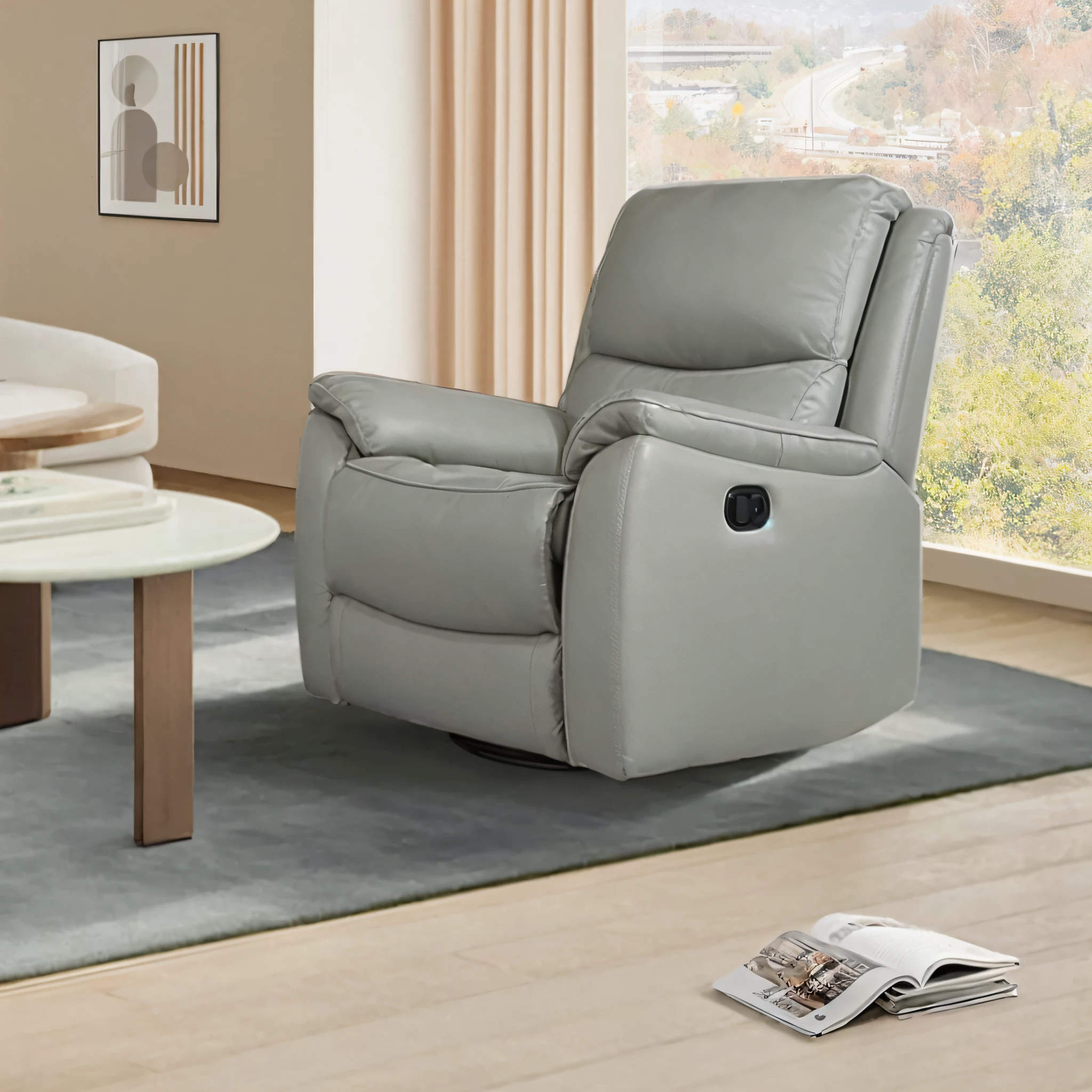 "Close-up of the lounge chair in the living room, armchair reclining, 3 colors, advertising pictures, light gray chair, very comfortable, bright summer sun, just the right light and shadow, real details and texture, perfectly presented."