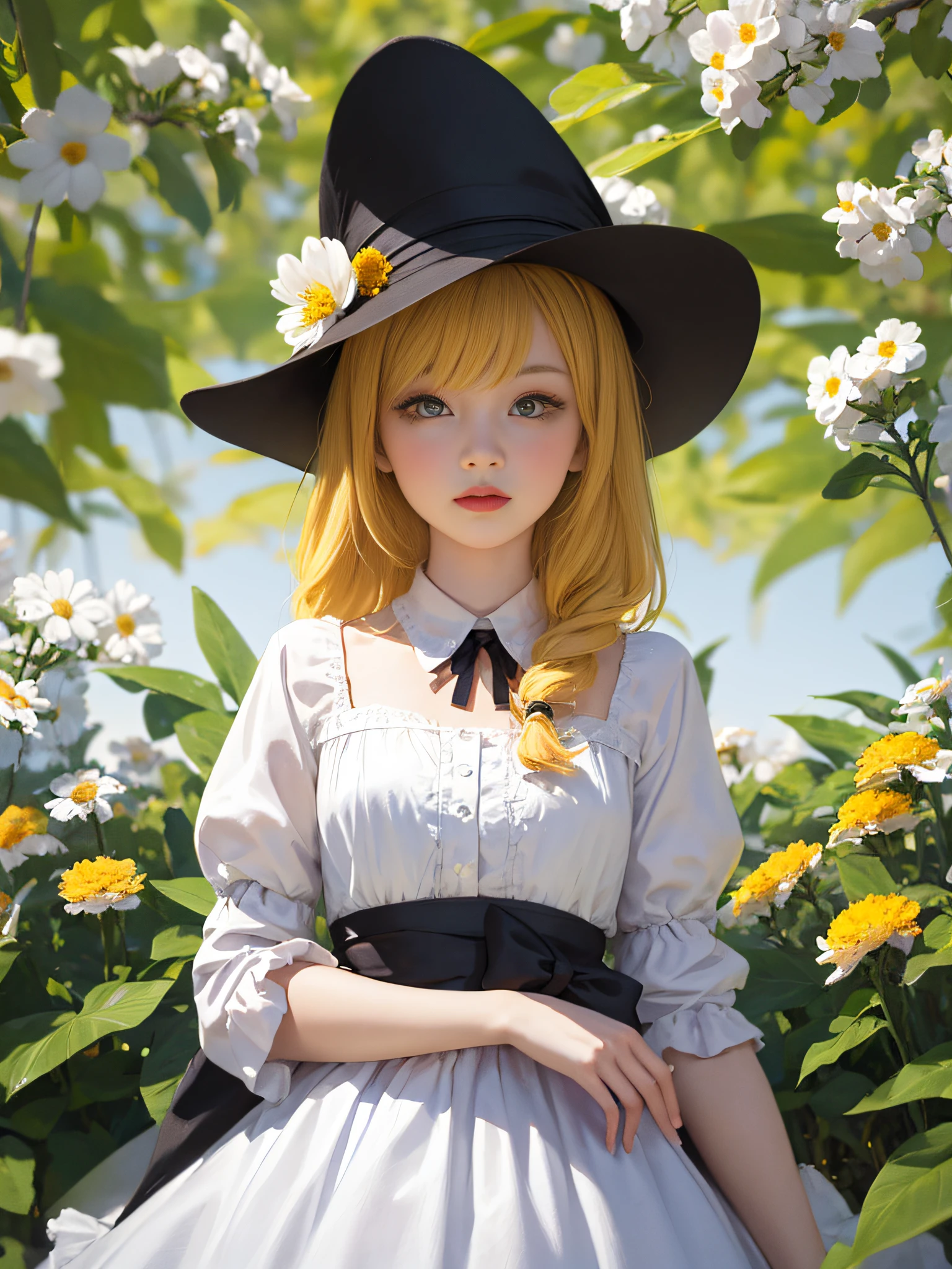 MasterPiece，spring time，bust， with hat，Yellow hair，Colorful flowers，facing towards the viewer，