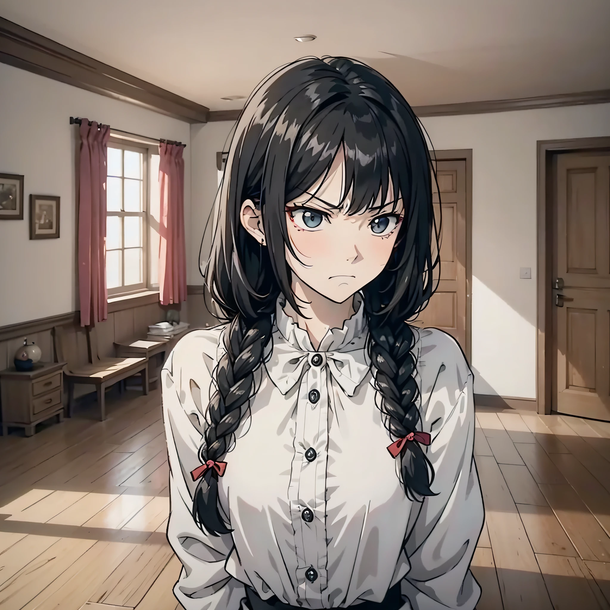 In a village room, a woman with long black hair and a braid and a white blouse stands in the room with an angry expression (frown 1.5) (anger expression 1.5) (background is a village room 1.5) Anime style 4 K, anime rendering, anime style. 8K, upper body display 1.5) (cinematic lighting 1.5)
