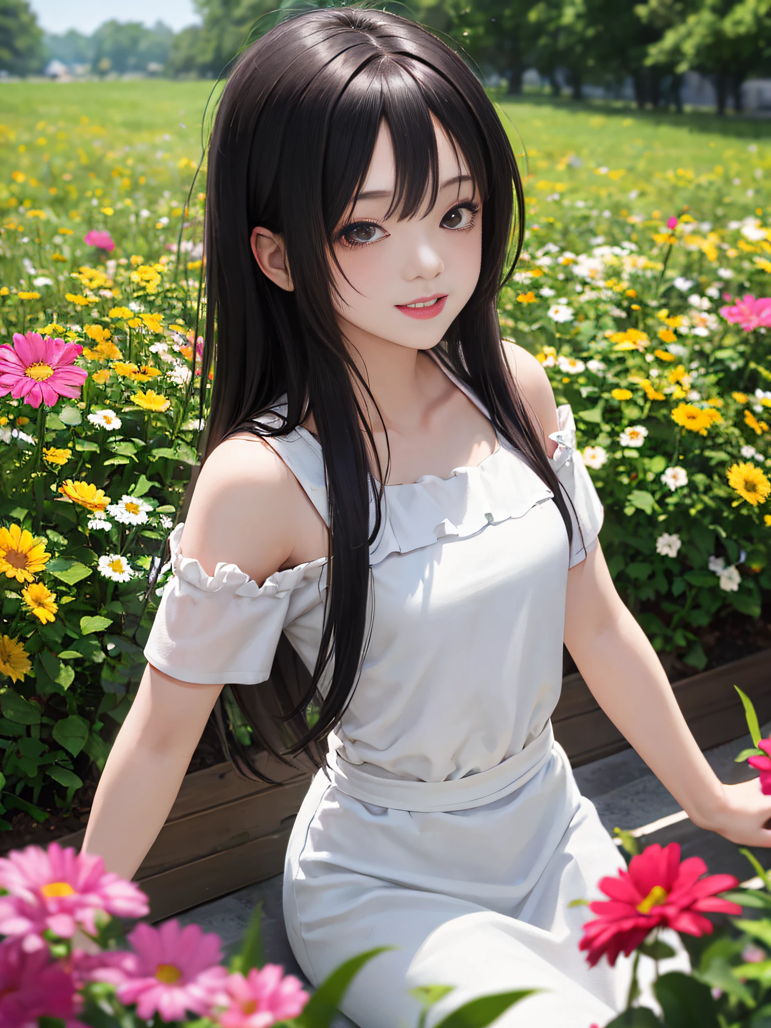 HD, depth offield, summer,Smaller head,sideways,black Hair, Sorrisos, animemasume,delicious food,open shoulders,outskirts,There are colorful flowers and plants around,Partial two-dimensional national style,Faint contour lines