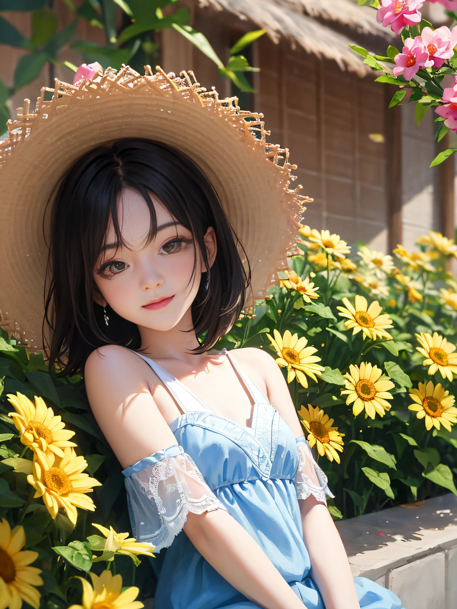 HD, depth offield, summer,Smaller head,sideways,black Hair,Yellow straw hat, Sorrisos, animemasume,delicious food,open shoulders,outskirts,There are colorful flowers and plants around,oil painting style,