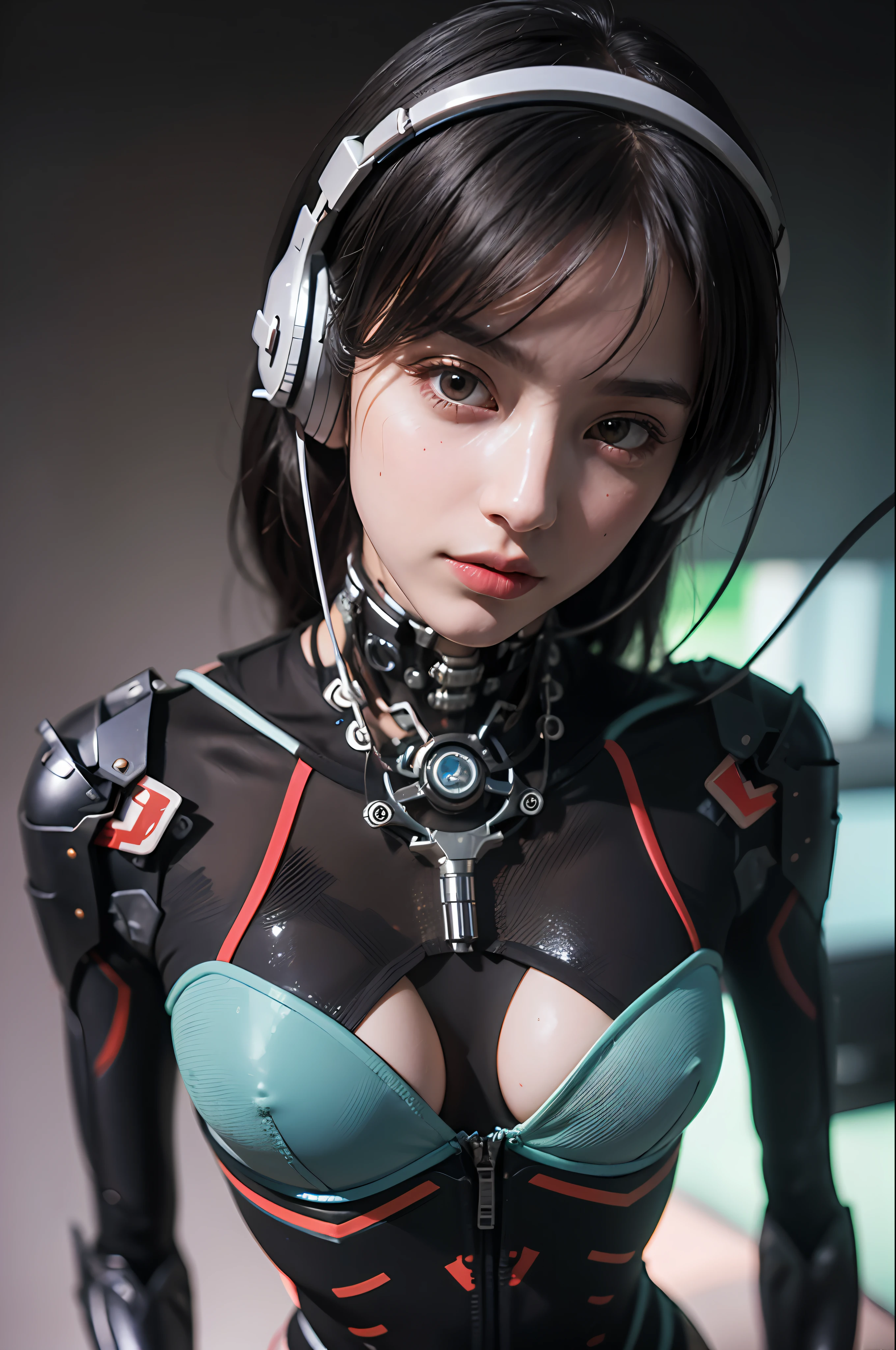 Top Quality, Masterpiece, Ultra High Resolution, (Photorealistic: 1.4), Raw Photo, 1 Girl, Black Hair, Glossy Skin, 1 Mechanical Girl, (Ultra Realistic Details)), Sidmead-inspired Mecha Design, Portrait, Global Illumination, Shadows, Octane Rendering, 8K, Ultra Sharp, Big, Cleavage Exposed Raw Skin, Metal, Intricate ornament details, headset, hydraulic cylinder, very intricate details, realistic light, CGSoation trend, purple eyes, glowing eyes, facing the camera, neon details, mechanical limbs, blood vessels connected to tubes, mechanical vertebrae attached to the back, mechanical cervical attachment to the neck, sitting, wires and cables connecting to the head, Evangelion, cyberpunk, small LED lamps,