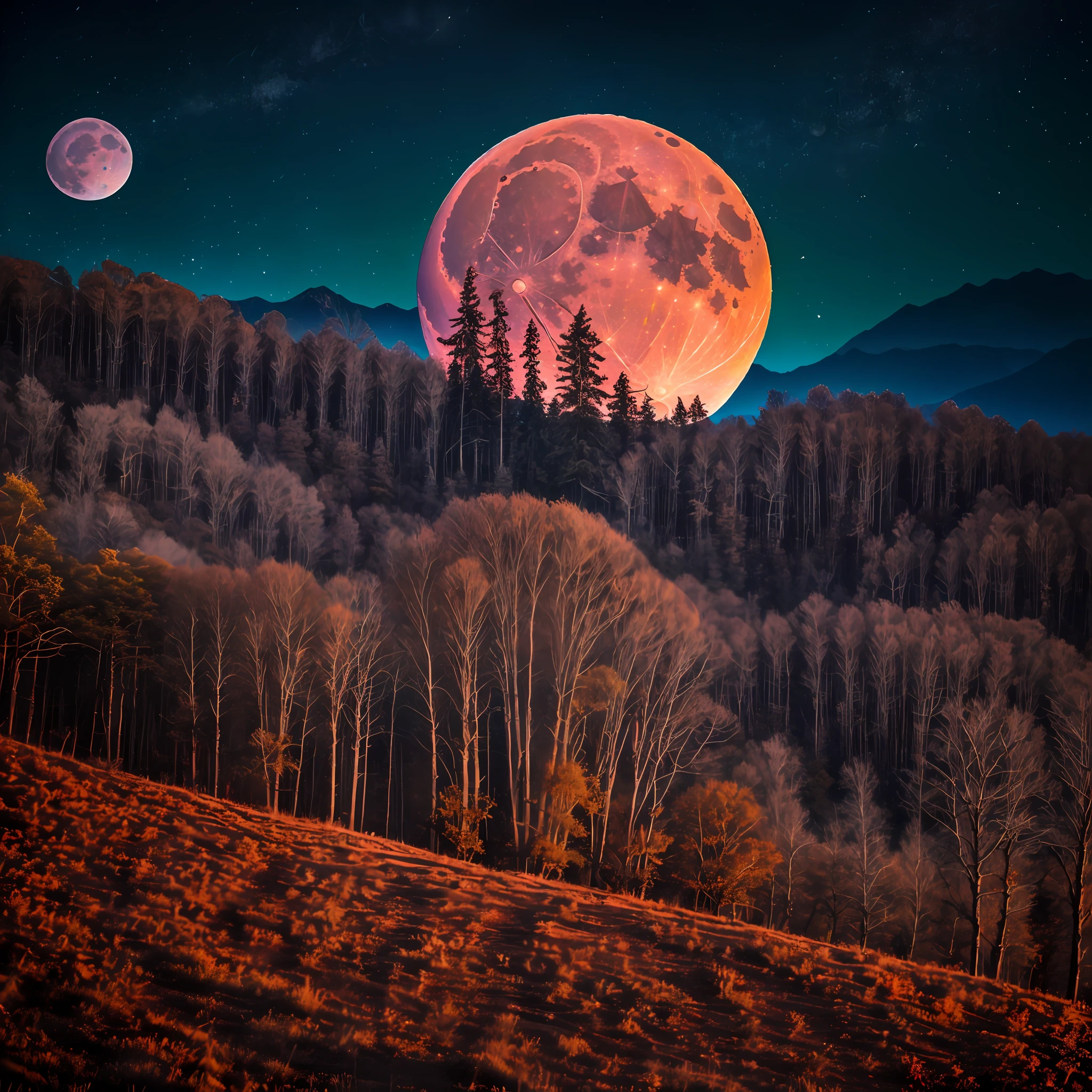 RAW photo, landscape, mountains, trees, 8k uhd, DSLR, soft light, high quality, film grain, Fujifilm XT3, ((red full moon))), ((three months bright)), realistic style