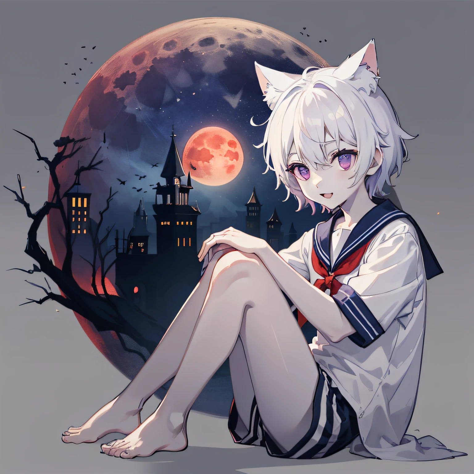 ((Pale Skin)), (Little Boy), (Red Moon), (Short Hair), (Purple Eyes), (White Hair), (Blue and White Striped Sailor Suit), (Blue and White Striped Shorts), (Barefoot), (Happy), (Cat Ear Tail), (Handsome), (Sitting on the Moon), (Zombie)