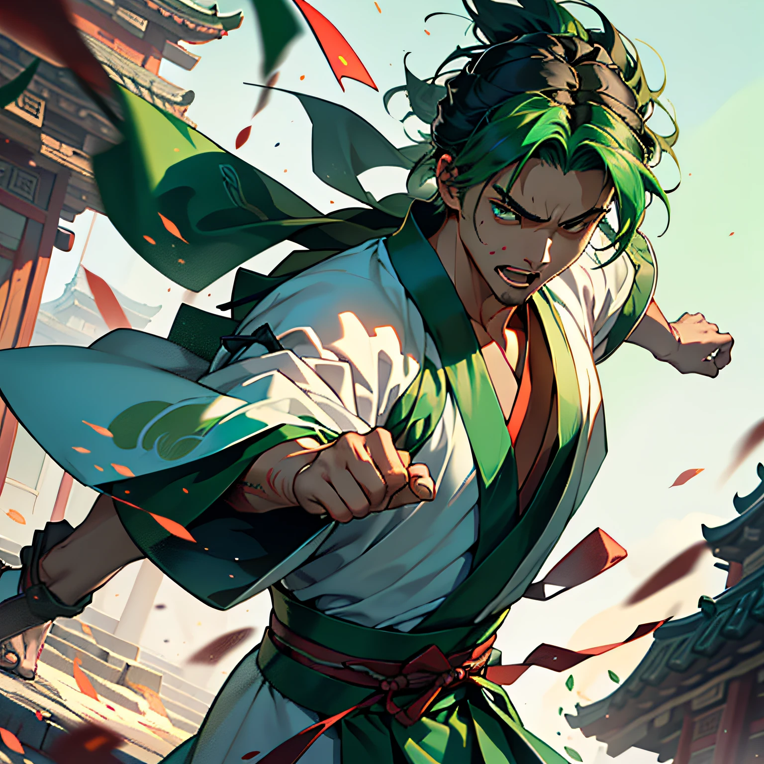 15. (1 person) (1 boy, ((Blue Hanfu))), (Black hair))), (1 male))), ((((Green))), ((Green Hanfu Youth)), ((Green)), ((Greenhair))), expression painful, full of donations, handsome body blown up, vomiting blood in mid-air, sprained arm, broken) (background: ancient Chinese sacred, gorgeous palace).