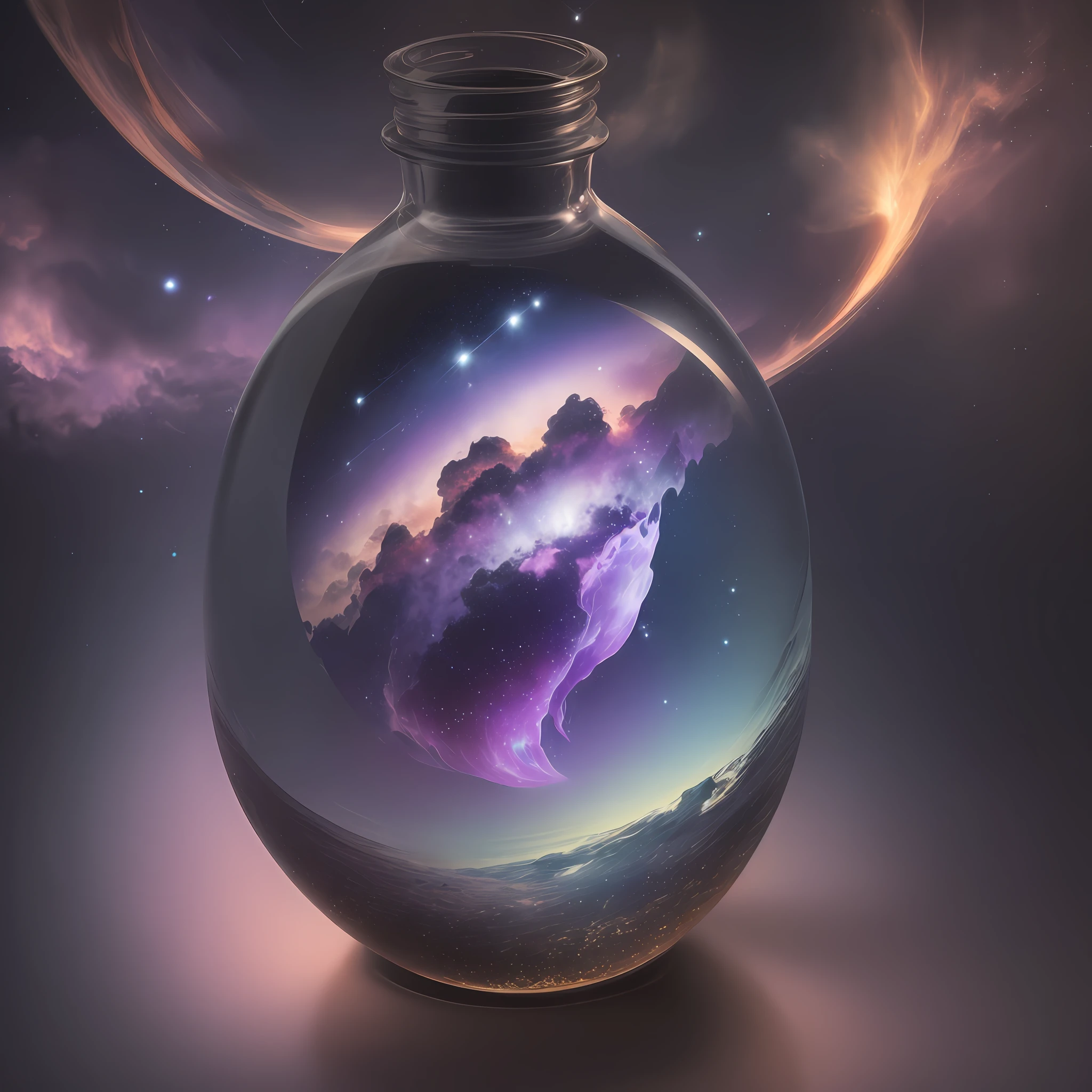 The universe inside a glass bottle, shining with light, blue-purple hues, starry rivers, masterpieces, 8k, realistic, dreamy, super high resolution --auto