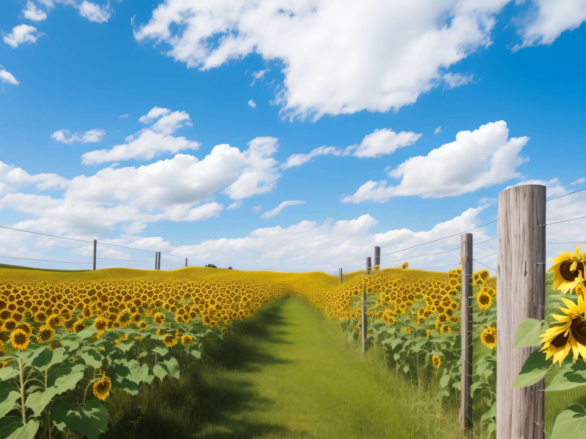 Near is a horizontal white wooden fence, and from the fence you can see endless fields of sunflower flowers, with blue sky and white clouds overhead