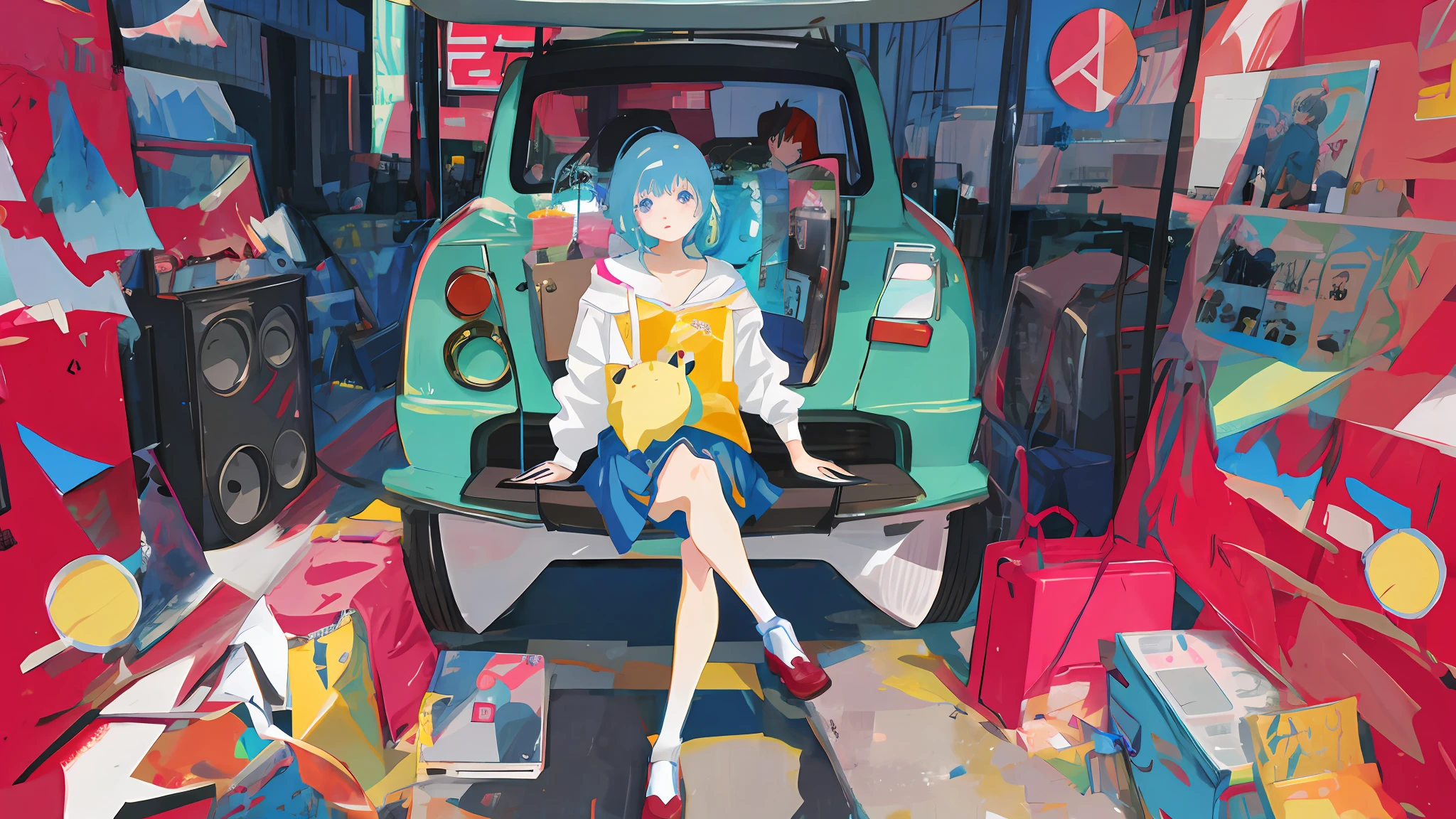 anime girl sitting on a car with a boombox in front of her, anime style 4 k, 2 d anime style, official artwork, 2 d anime, 2d art, 2 d art, 2d art cover, e-girl, e - girl, lofi artstyle, lofi girl, 8 0 s anime art style, 9 0 s anime art style
