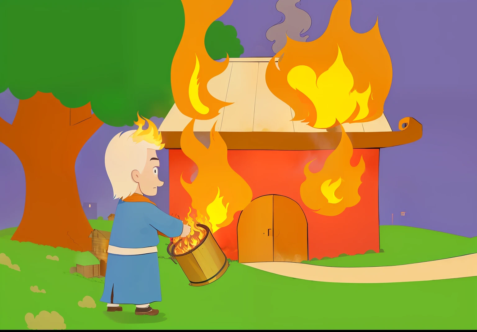 cartoon of a man standing in front of a house with a fire burning, house on fire, houses on fire, burning village, monks!!!!!!!!! fire, the background is on fire, housefire, burning scene in the background, burning houses, arson, the buildings are on fire, heavy fire on the background, fire, (fire), burning village in background, witch burning