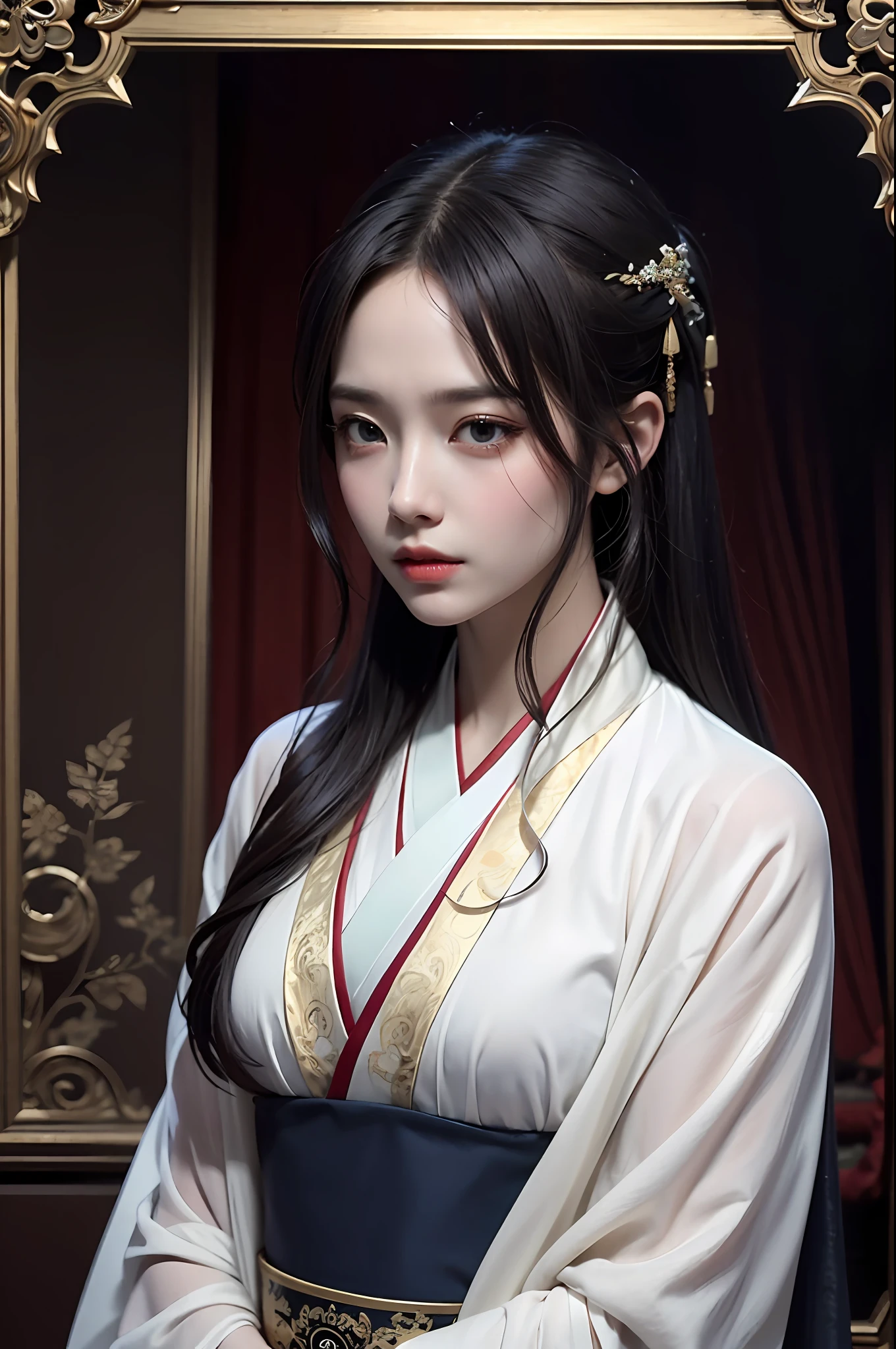 Masterpiece, best quality, movie poster style, extremely detailed CG Unity, 8k wallpaper,
(1 girl and 1 boy), (two) hanfu, upper body, gorgeous hanfu, jewelry, suspense style, ancient interior background, looking at the camera