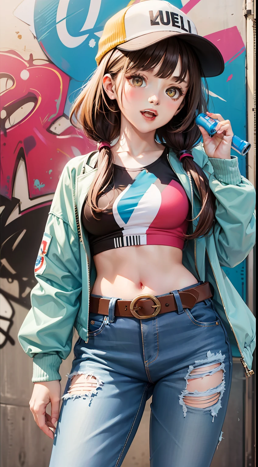 best quality, high resolution, distinct image, best quality, high resolution, distinct image, Original Characters, Natural Volumetric Lighting And Best Shadows, Deep Depth Of Field, Sharp Focus, Portrait Of Stunningly Beautiful Petite Girl, Soft Delicate Beautiful Attractive Face With Alluring Yellow Eyes, Lovely Small Breasts, Sharp Eyeliner, Seductive Smiling, Open Mouth With Cute Fangs Out, Windswept Disheveled Brown Hair, Thick Layered Medium Twintail Hairstyles, Blush Eyeshadow With Thick Eyelashes, Parted Lips, Applejack Hat, Oversized Pop-Art Jacket, Slim Waist With Open Cute Navel, Denim Jeans Pants With Buckle Belt, (Messy Painted Body:1.05), (Holding Spray Paint Can:1.1), (Graffiti Murals Wall Background:1.15), (Standing On Narrow City Streets Crossword:1.2), (Highest Quality, Amazing Details:1.4), Masterpiece, Bloom, Picturesque, Brilliant Colorful Paintings