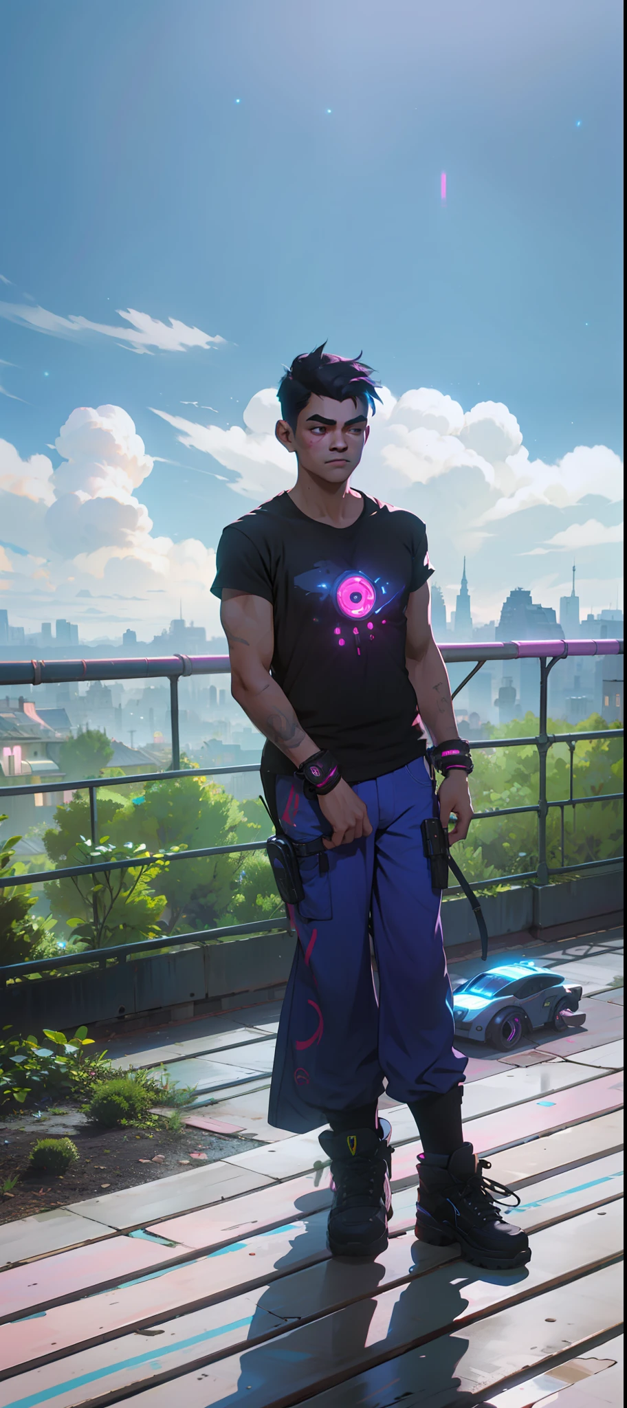 Young man with black hair black shirt with pink detail blue pants resting on a deck illuminated by blue and pink lights of a futuristic city in the background at night cyberpunk technological style