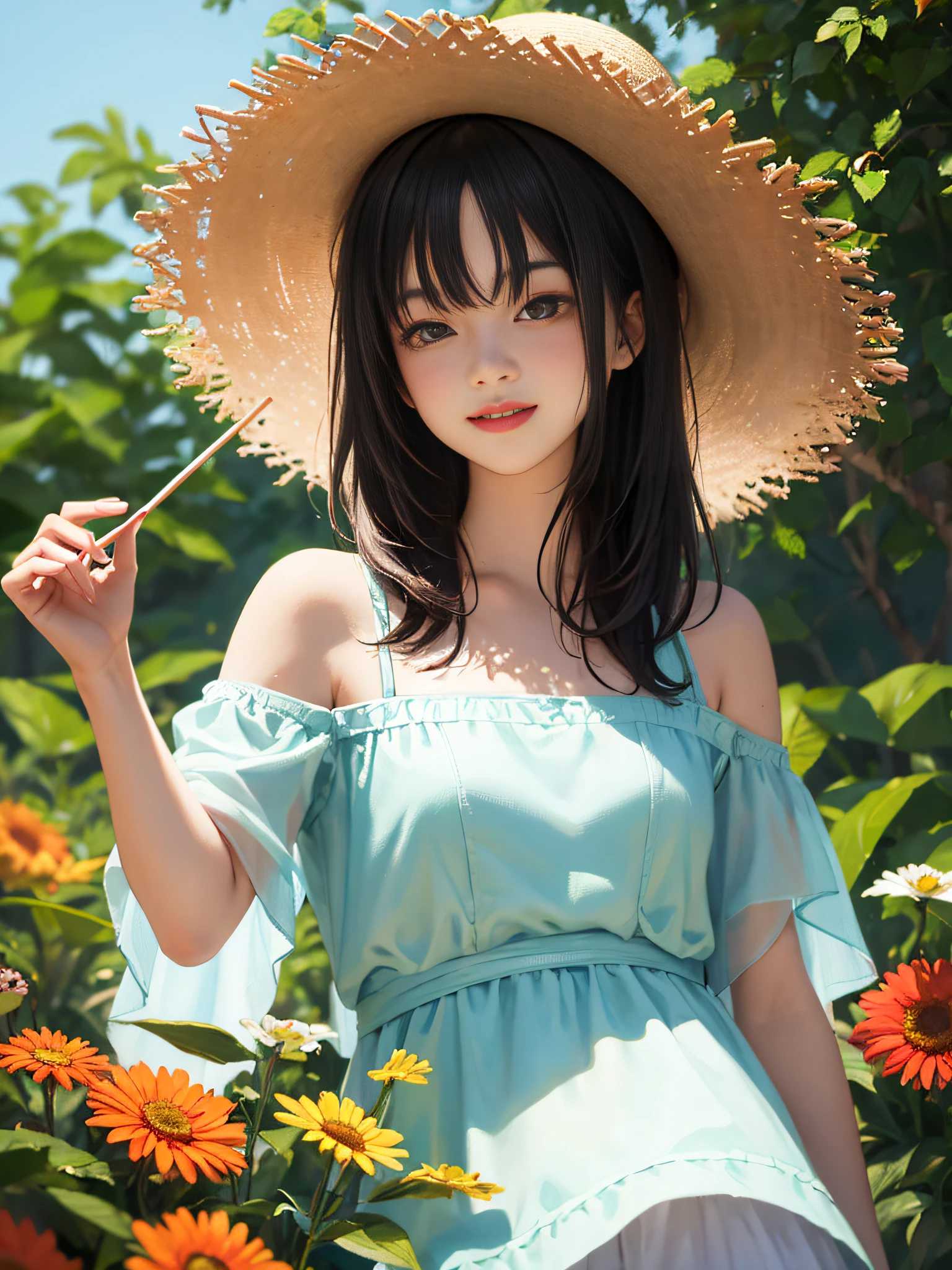 HD, depth offield, summer,Smaller head,sideways,black Hair,Yellow straw hat, Sorrisos, animemasume,delicious food,open shoulders,outskirts,There are colorful flowers and plants around,oil painting style,