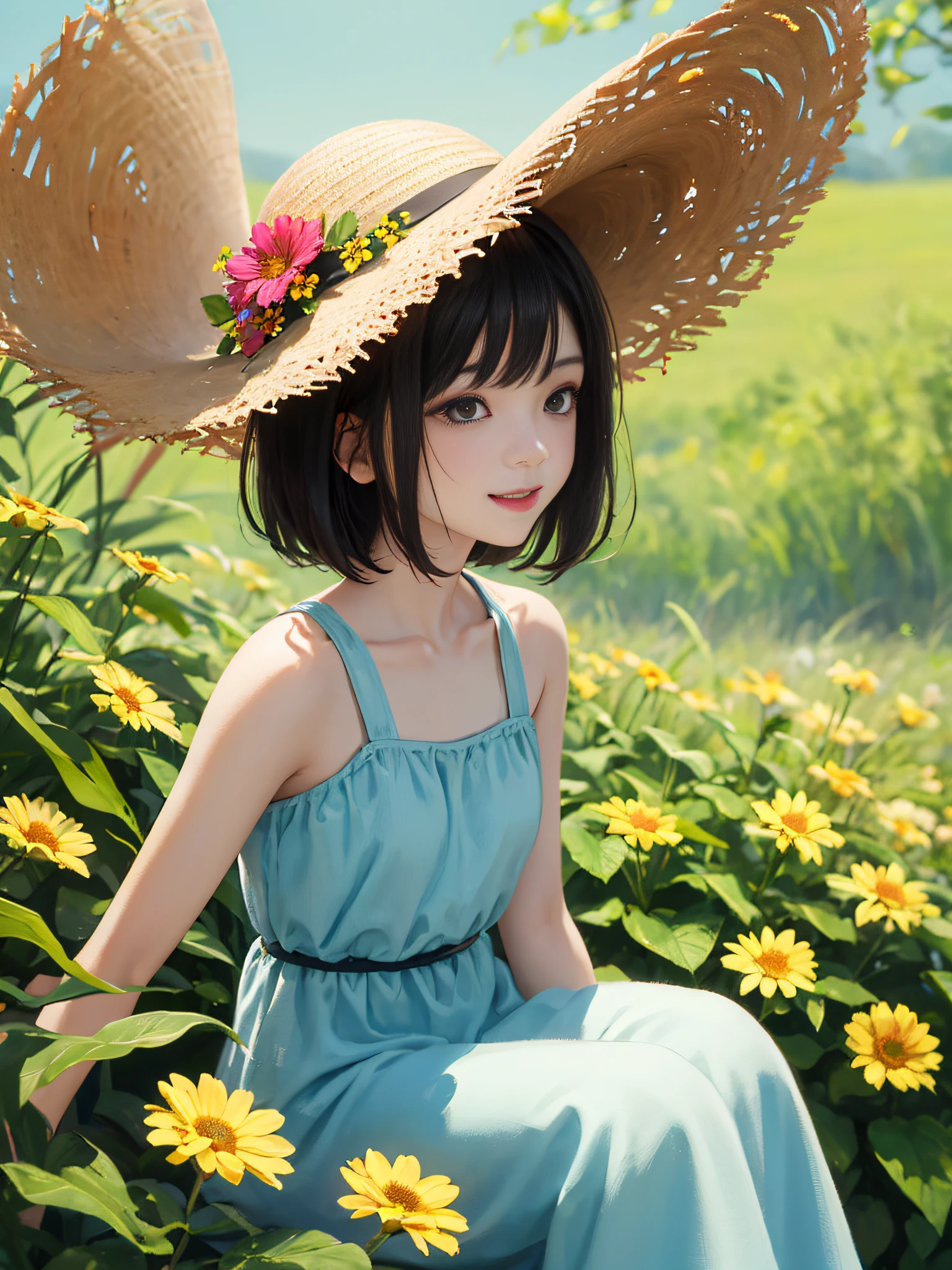 HD， depth offield， summer，Smaller head，sideways，black Hair，Yellow straw hat， Sorrisos， animemasume，delicious food，open shoulders，outskirts，There are colorful flowers and plants around，oil painting style，