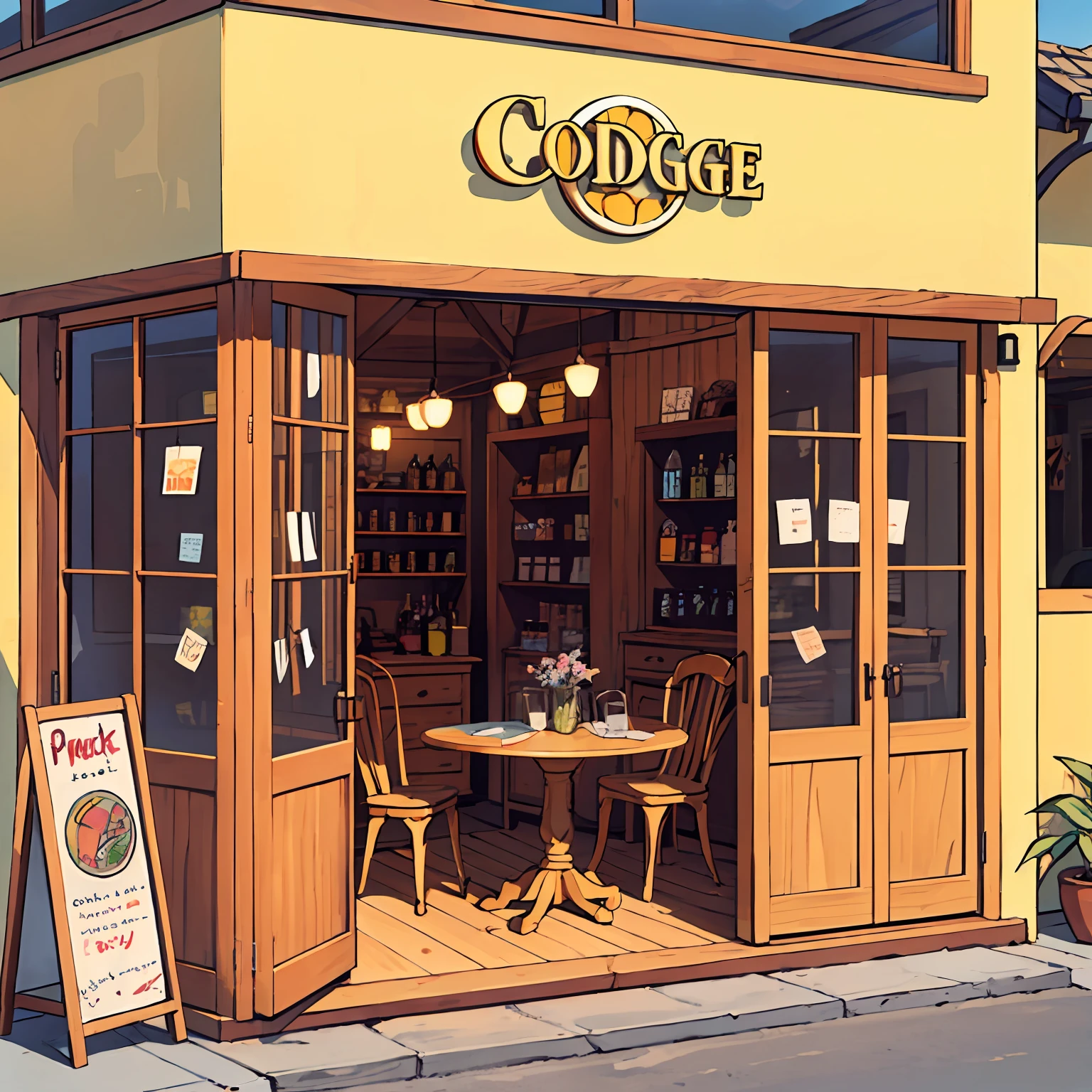 Fantasy cottage, fruit gift shop, the main body is a yellow orange!! , orange with glass window above, door, a table and 2 chairs in front, shop selling all kinds of juices, small yard, creative, paper-cut style, brightly colored, --auto --v 6