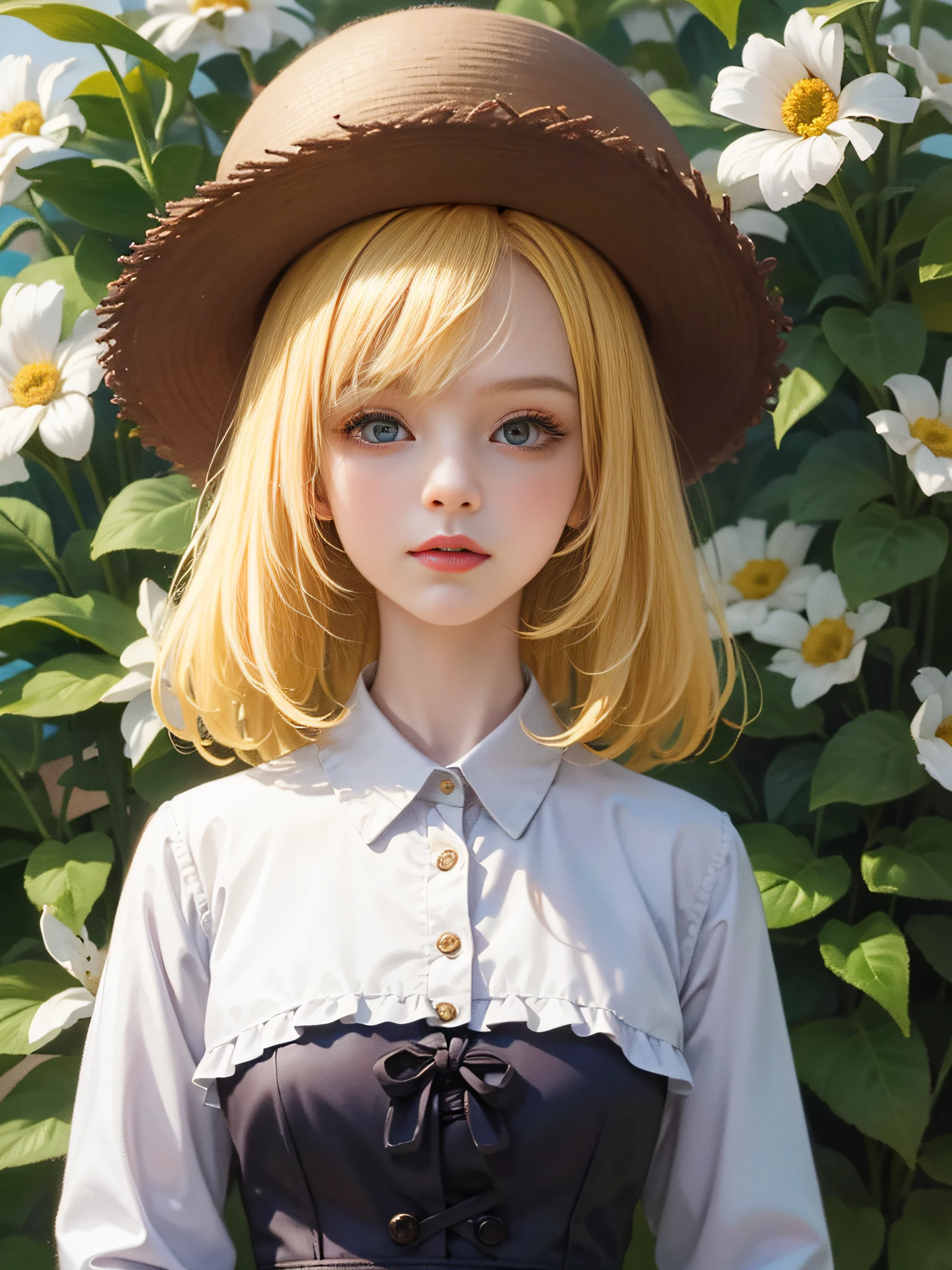 MasterPiece，spring time，bust，Little girl with hat，Yellow hair，Colorful flowers，facing towards the viewer，